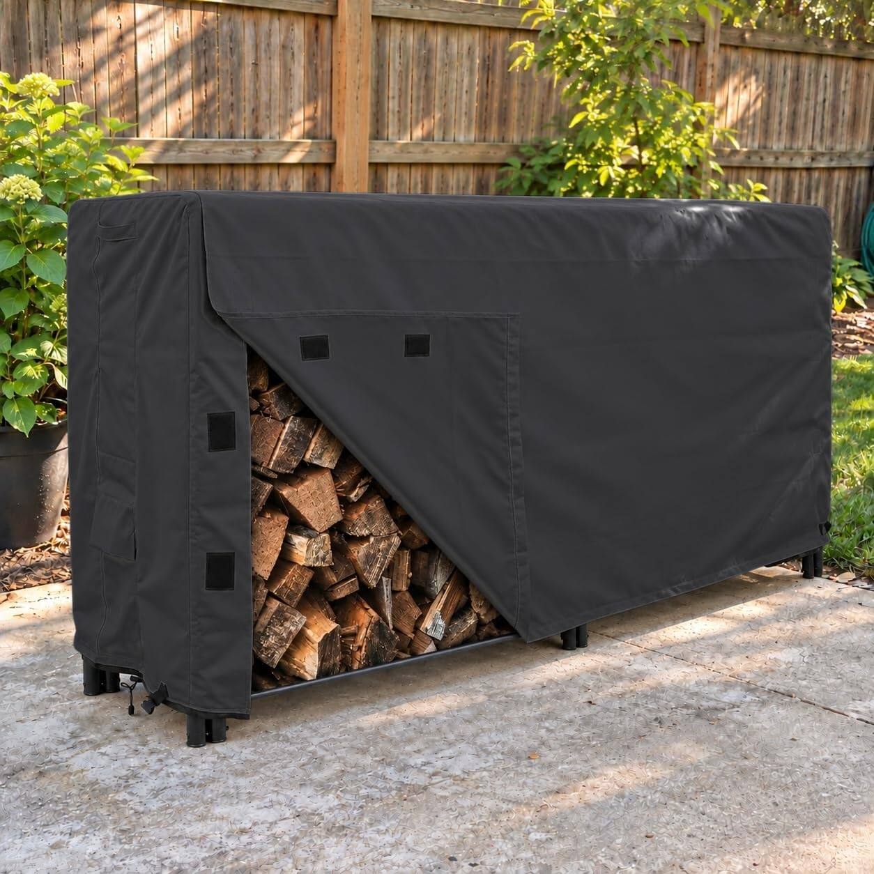 Alt View 2. KHOMO GEAR - Firewood Rack Cover 8ft Waterproof, Outdoor Log Rack Cover with Easy-Load Front Flap and Air Vents - 96"L x 24"W x 42"H - Black.