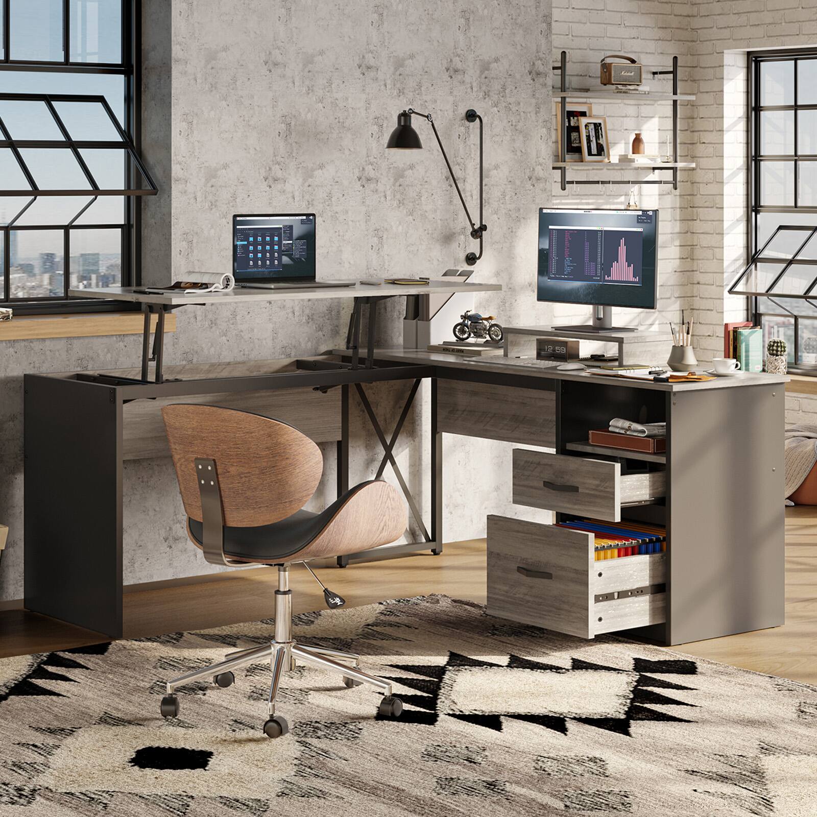 Alt View 11. Bestier - L-Shaped Computer Desk with Drawers and Monitor Stand - Gray.