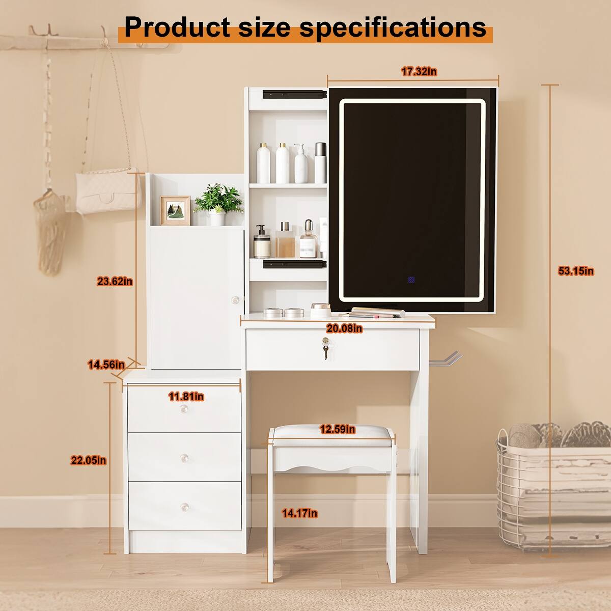 Product size specifications
17.32in
23.62in
53.15in
20.08in
14.56in
11.81in
12.59in
14.17in