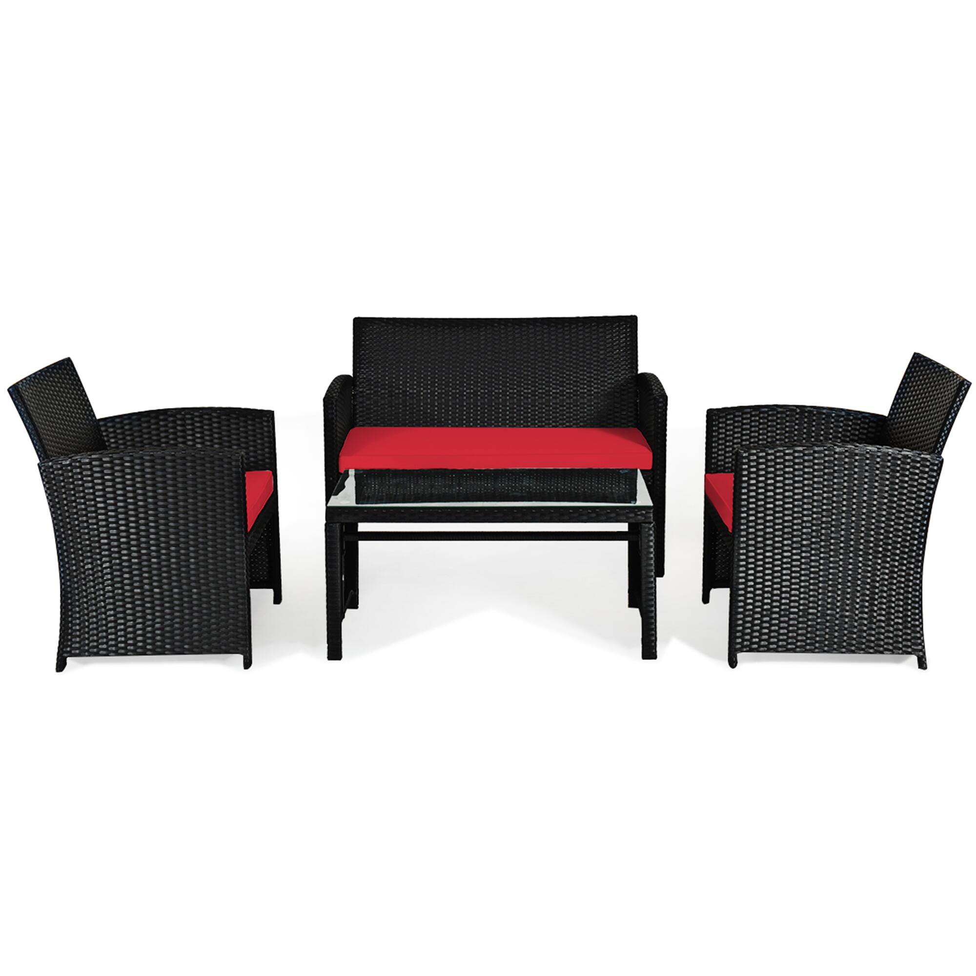 Alt View 8. Gymax - Gymax 4PCS Rattan Outdoor Conversation Set Patio Furniture Set w/ Red Cushions - Red.