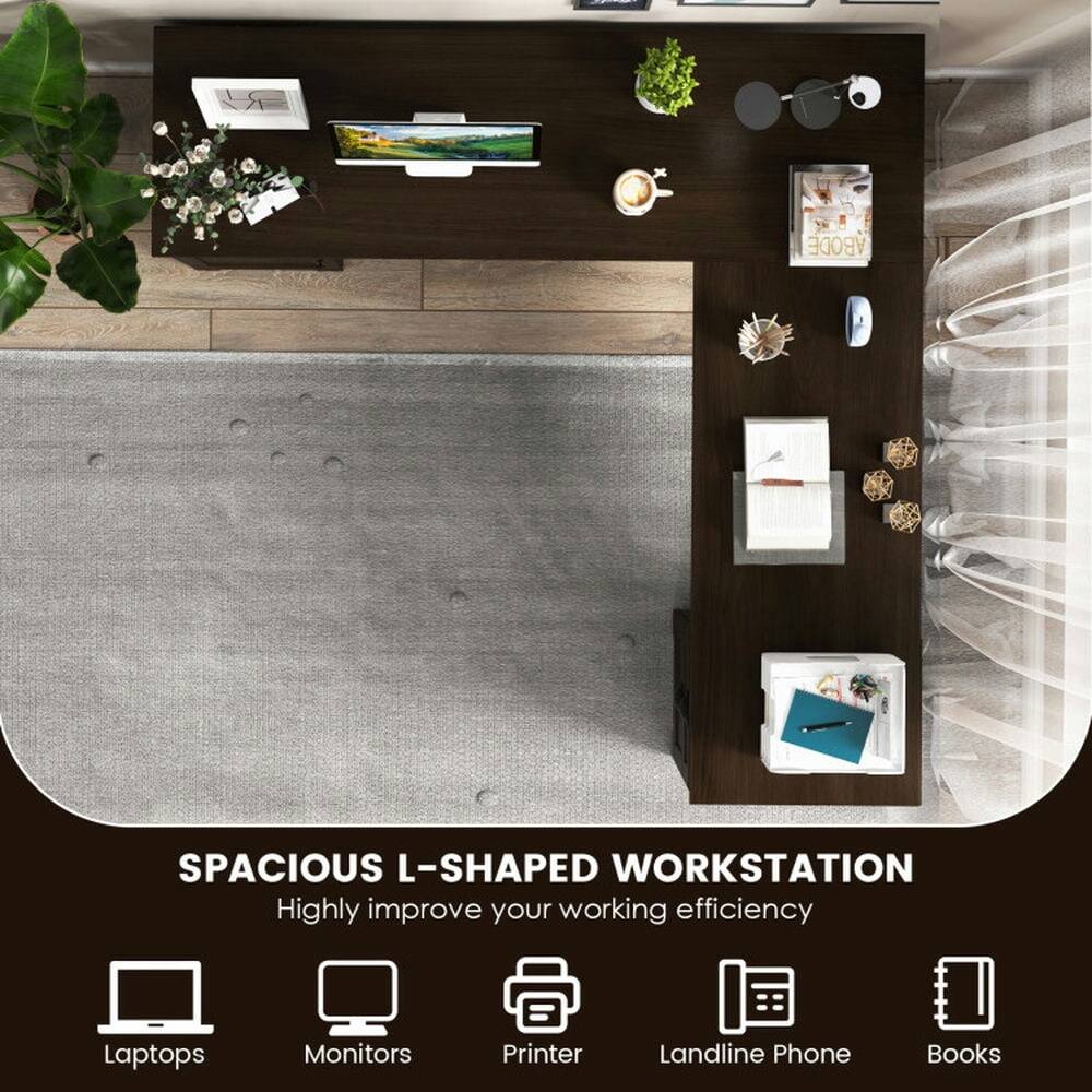 SPACIOUS L-SHAPED WORKSTATION  
Highly improve your working efficiency  

Laptops  
Monitors  
Printer  
Landline Phone  
Books