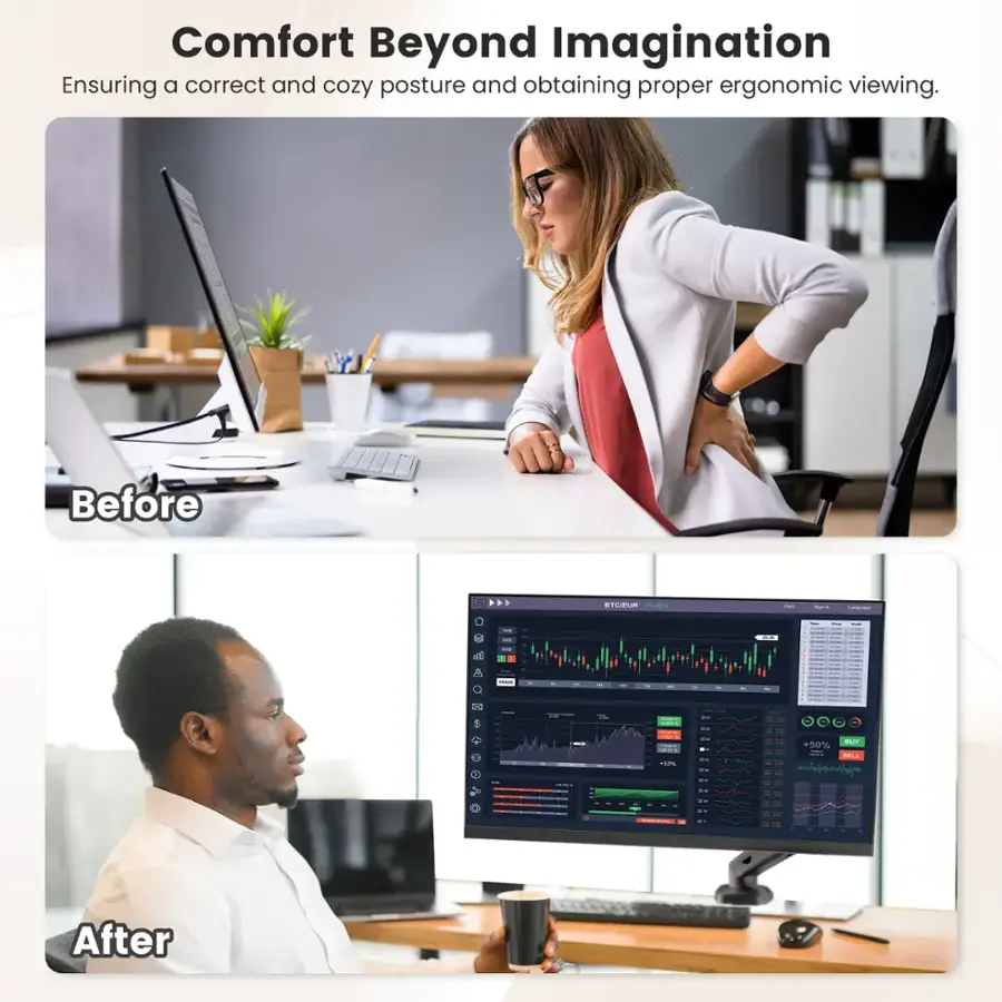 Comfort Beyond Imagination: Ensuring a correct and cozy posture and obtaining proper ergonomic viewing. Before: BICTUR S - . : - - : I : - - - : - - - Vnge - I BUT +50% a SELL - g -  d - - - I After: