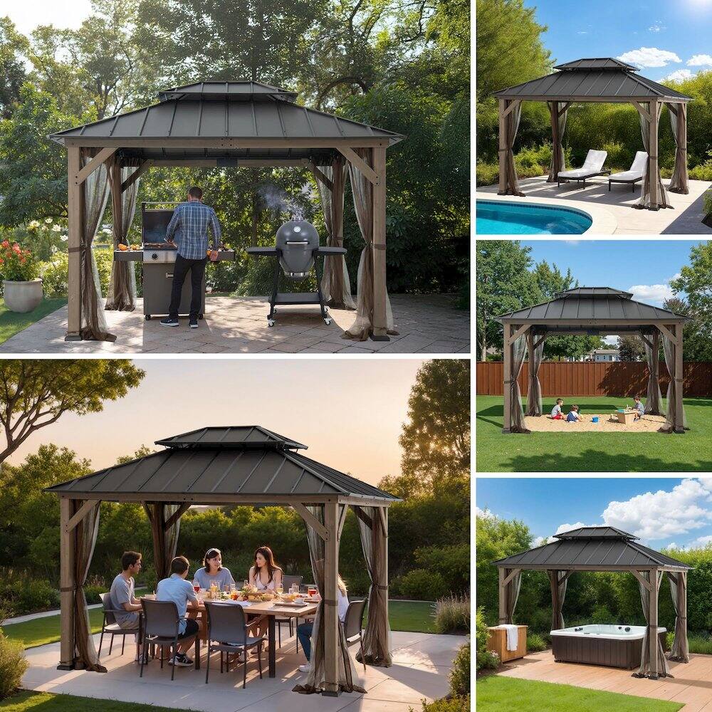Alt View 2. SUNJOY - 10 ft. x 12 ft. Cedar Wood Gazebo with Galvanized Steel Roof - Brown.