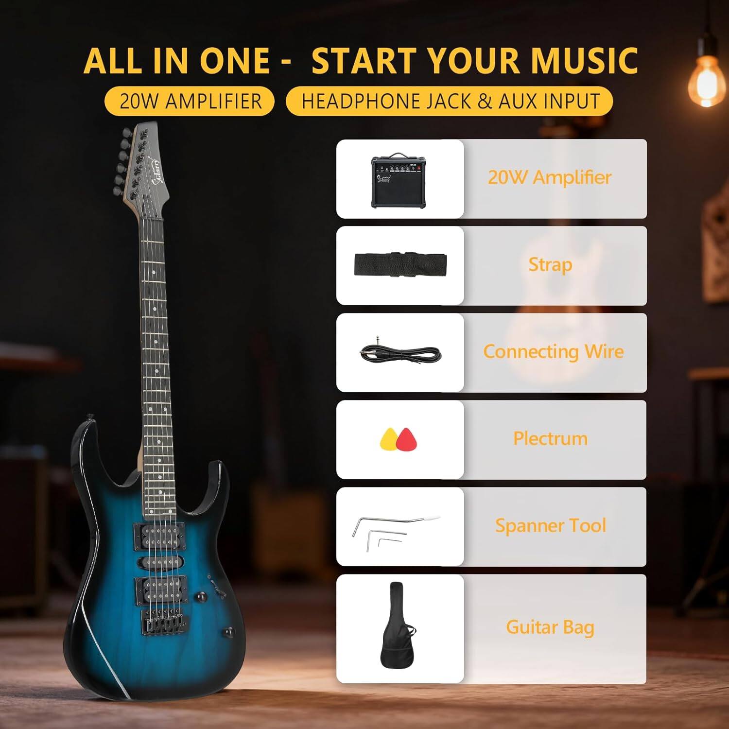 ALL IN ONE - START YOUR MUSIC  
20W AMPLIFIER HEADPHONE JACK & AUX INPUT  
20W Amplifier  
Strap  
Connecting Wire  
Plectrum  
Spanner Tool  
Guitar Bag