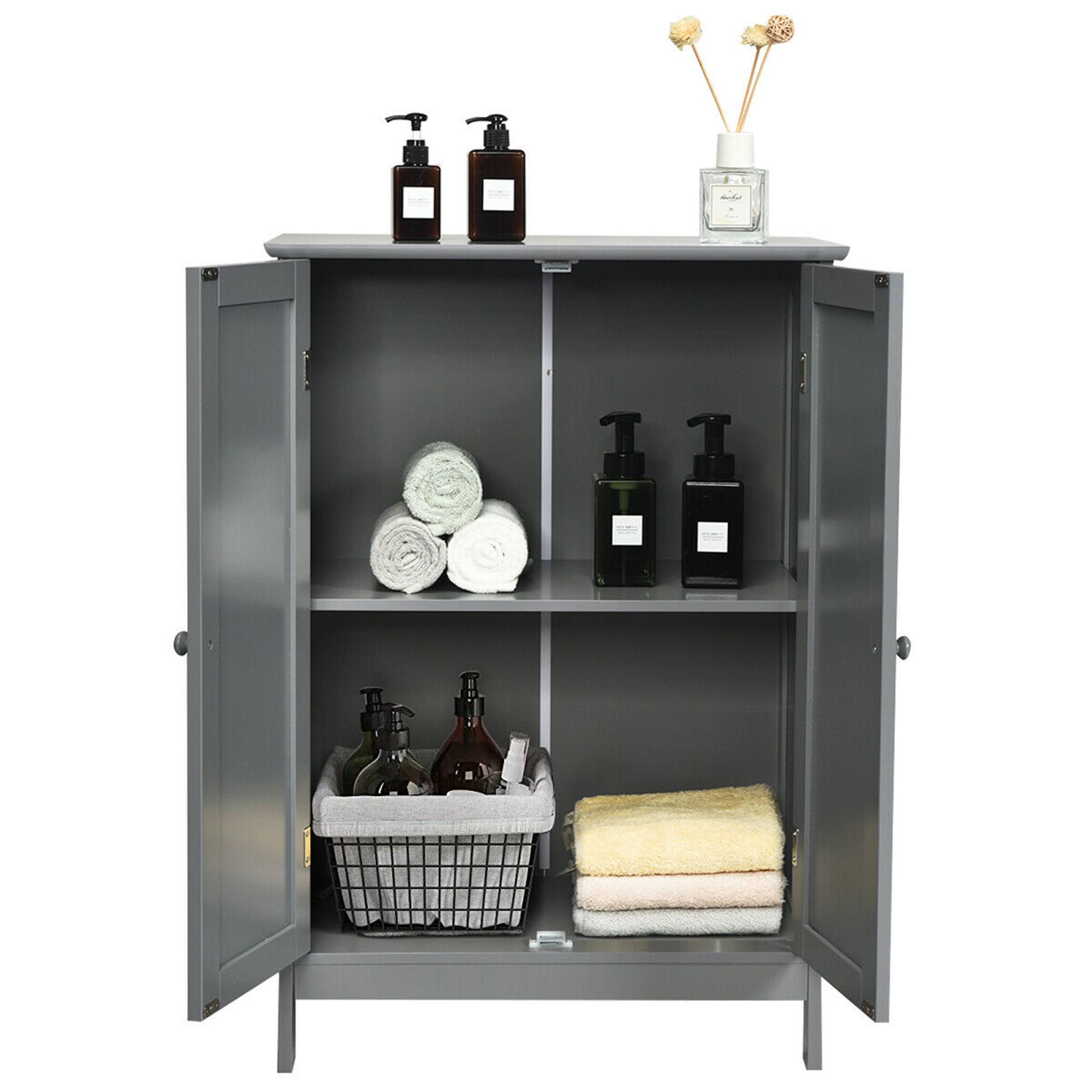 Alt View 8. Gymax - Gymax Bathroom Floor Storage Cabinet Double Door Kitchen Cupboard Shoe Cabinet Grey - Grey.