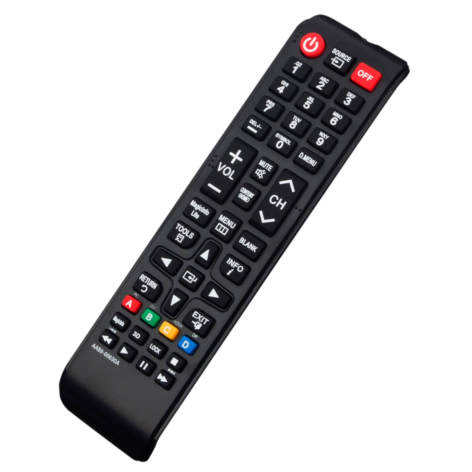 SOURCE  
1 ABC  
2 DEF  
3 GHI  
4 JKL  
5 MNO  
6 PQRS  
7 TUV  
8 WXYZ  
9  
0  

SYMBOL  
D.MENU  
MUTE  

CONTENT  
VOL  
CH  

MENU  
TOOLS  
BLANK  
INFO  
RETURN  
EXIT  
HOME  
3D  
LOCK  

A  
B  
C  
D  

AA59-00630A