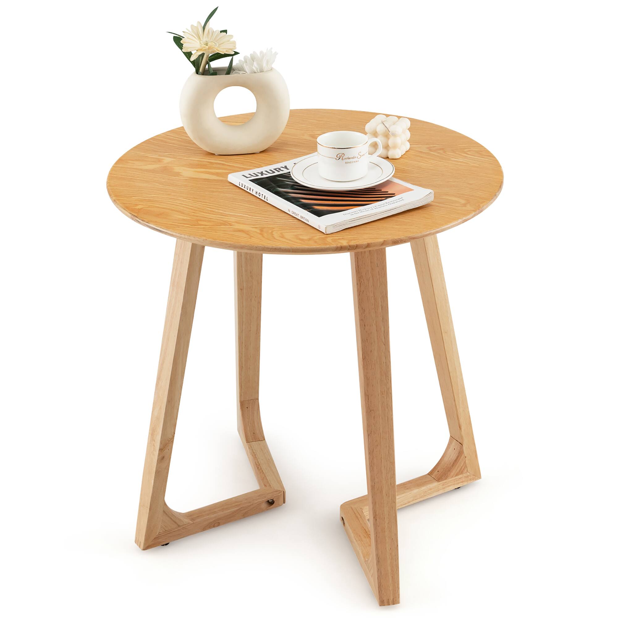 Costway - 24'' Round Side Table Solid Rubber Wood End Table Beside Sofa&Bed for Small Space - Natural