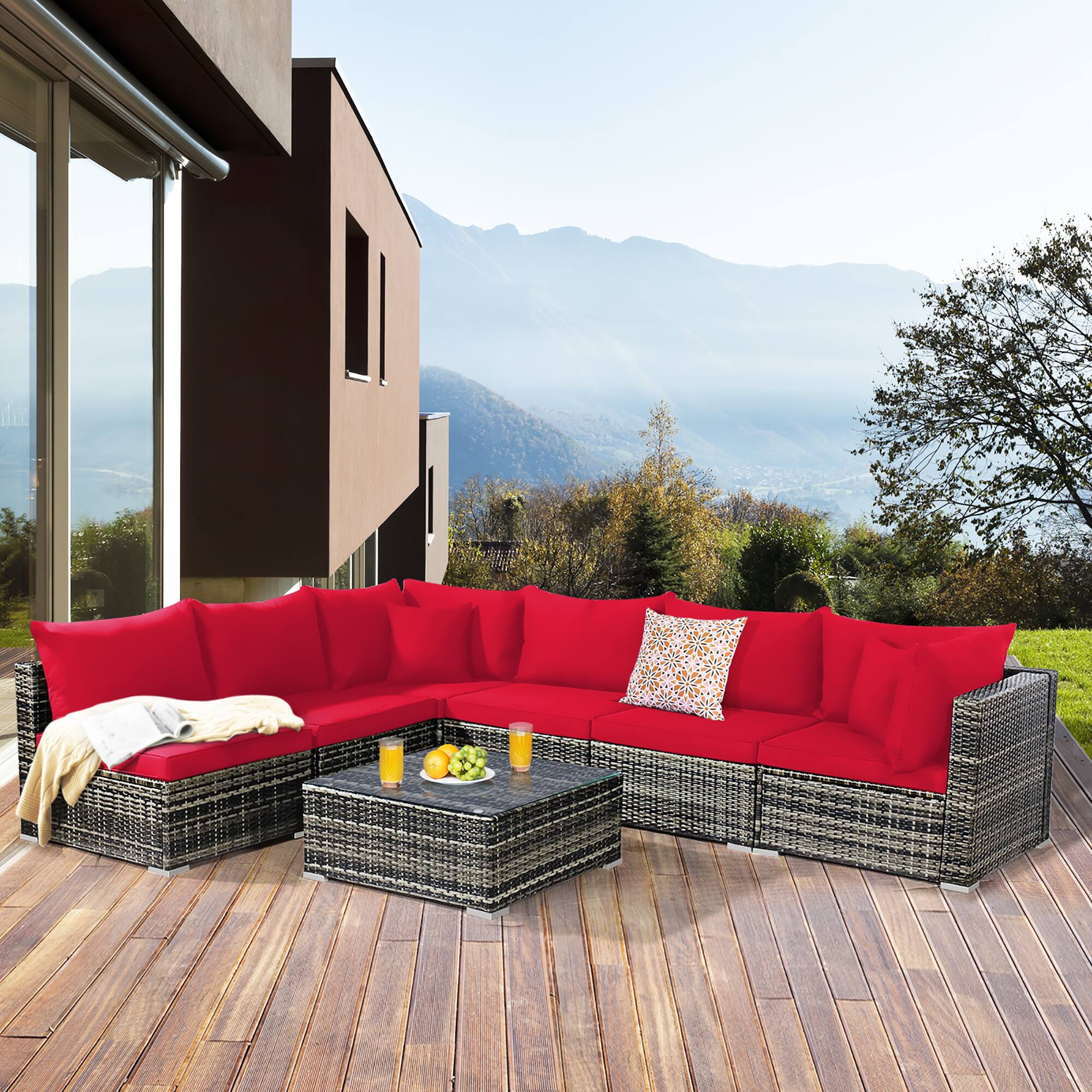 Alt View 1. Costway - 7PCS Patio Rattan Furniture Set Sectional Sofa Garden Cushion - Red.