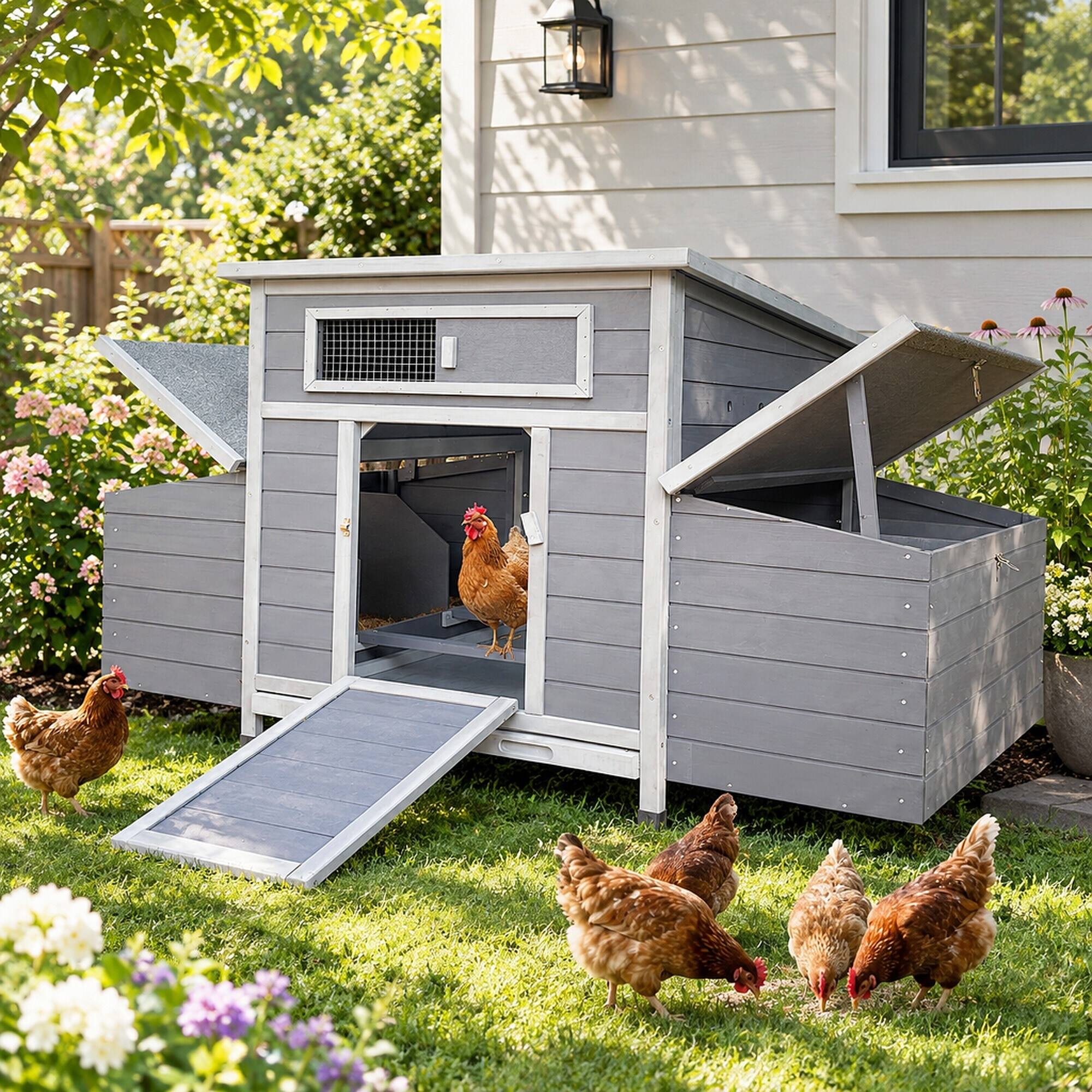 Alt View 1. RYHNUYNE - Gray Wooden Chicken Coop, Large Outdoor Hen House, Nesting Box, Run, Waterproof Panels.