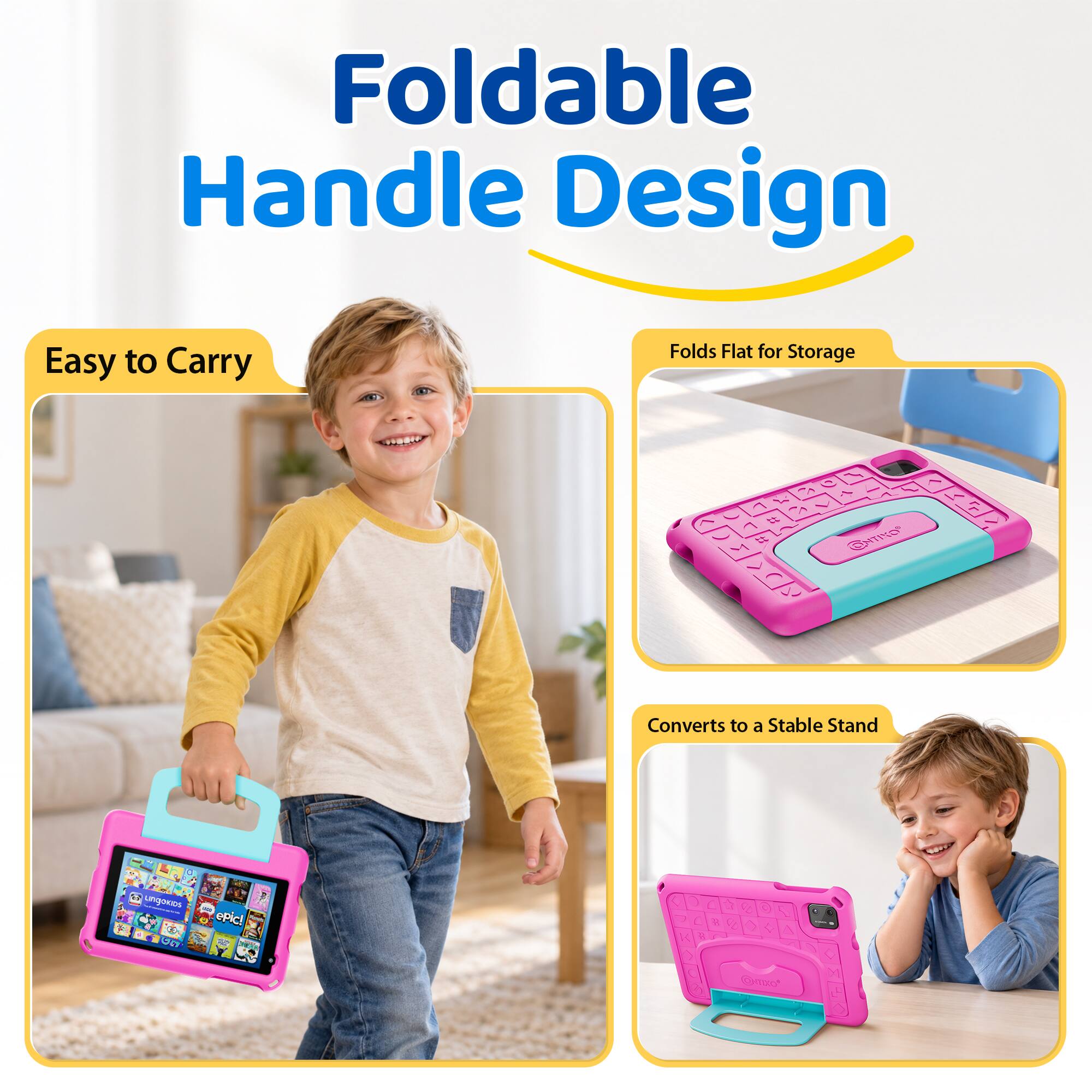 Foldable Handle Design  
Easy to Carry  
Folds Flat for Storage  
Converts to a Stable Stand