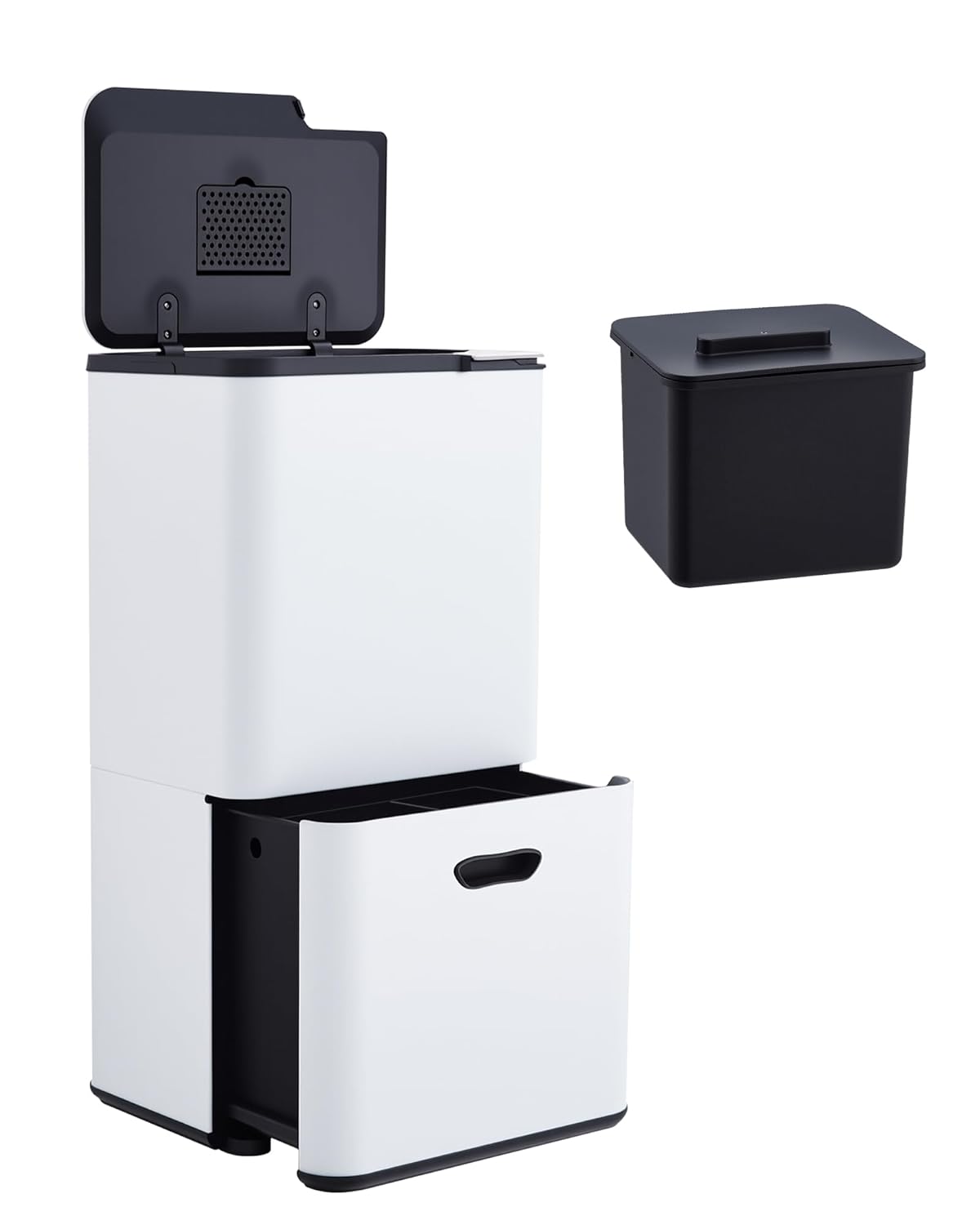 Front. Homhougo - 16 Gal Dual Trash Can for Kitchen, 2 Compartment (33l + 28l) Garbage Can with Compost Bin - White.