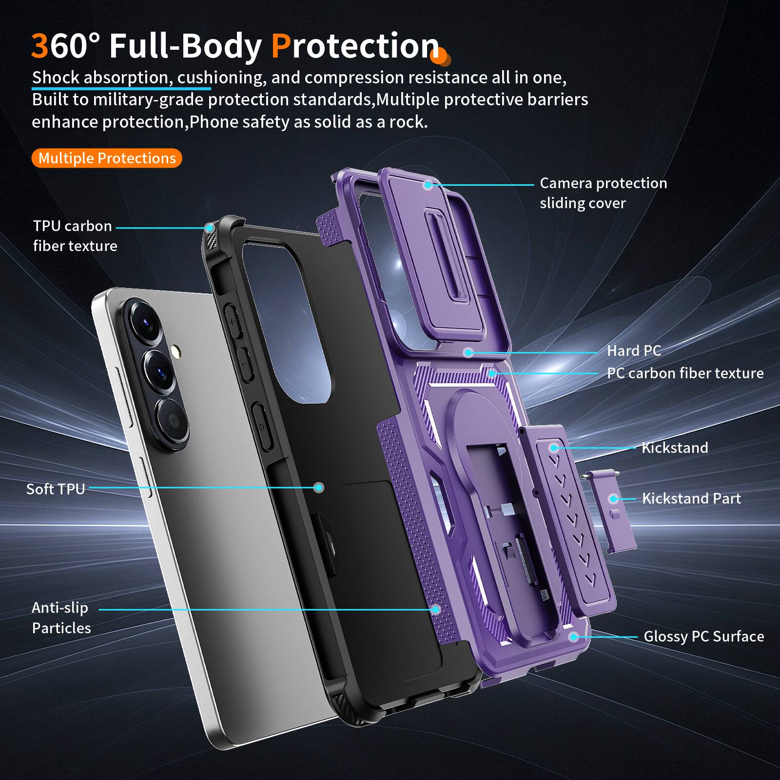 360° Full-Body Protection

Shock absorption, cushioning, and compression resistance all in one, Built to military-grade protection standards, Multiple protective barriers enhance protection, Phone safety as solid as a rock.

Multiple Protections

- TPU carbon fiber texture
- Camera protection sliding cover
- Hard PC PC carbon fiber texture
- Soft TPU
- Anti-slip Particles
- Glossy PC Surface
- Kickstand
- Kickstand Part