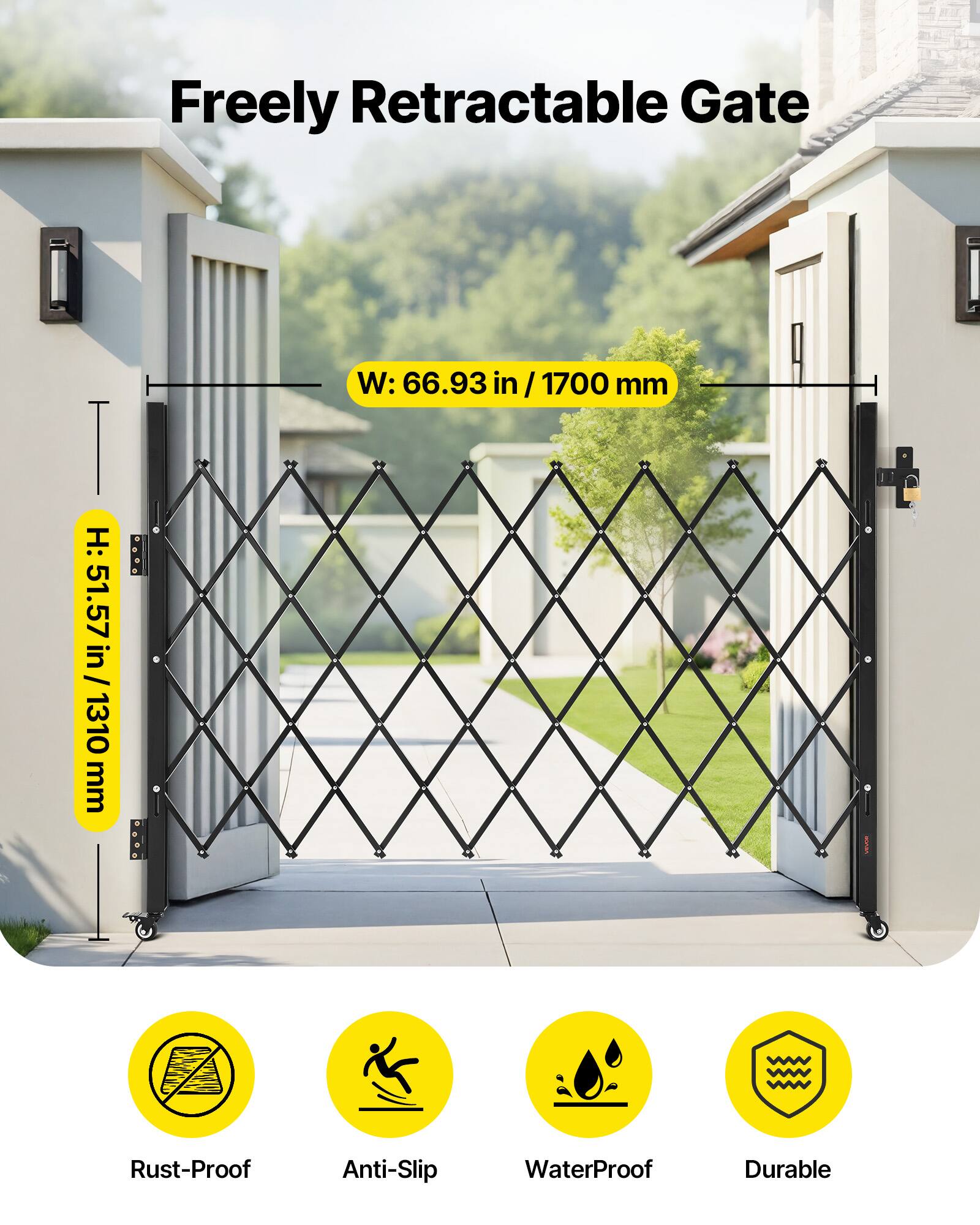 Freely Retractable Gate  
W: 66.93 in / 1700 mm  
H: 51.57 in / 1310 mm  

- Rust-Proof  
- Anti-Slip  
- WaterProof  
- Durable