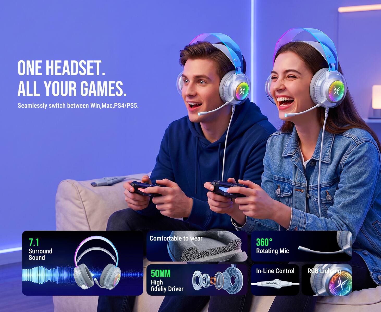 ONE HEADSET. ALL YOUR GAMES.  
Seamlessly switch between Win, Mac, PS4/PS5.

7.1 Surround Sound  
Comfortable to wear  
360° Rotating Mic  
50MM High fidelity Driver  
In-Line Control  
RGB Lighting