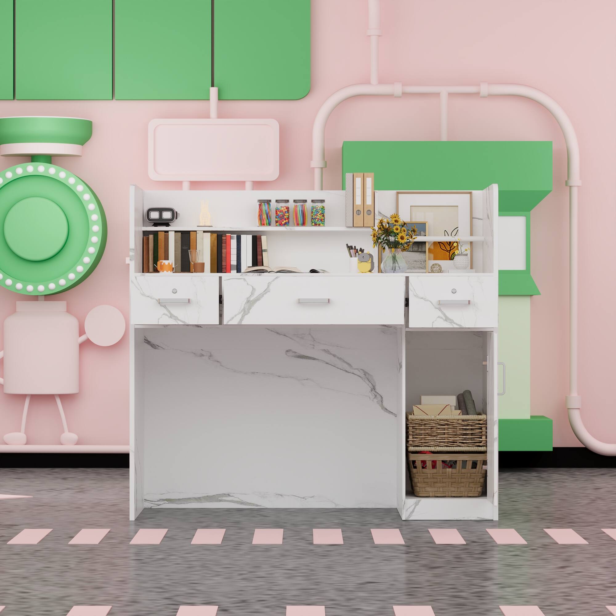 Alt View 1. Famapy - Marble Pattern Desk with Drawer and Cabinet, Computer Desk, Office Reception Table, Study Writing Table with Storage - Marble White.