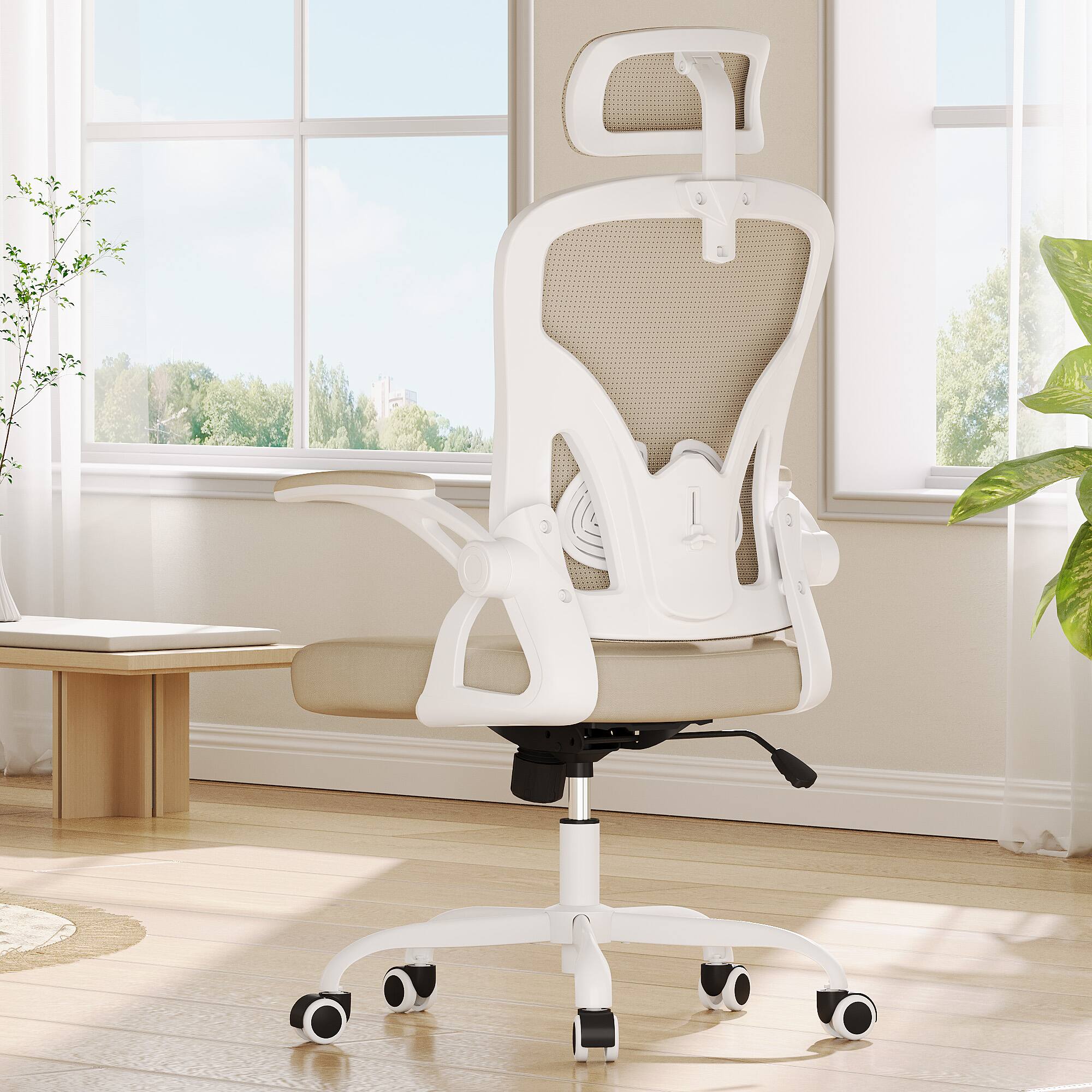 PexFix - Ergonomic Office Chair with Flip-Up Armrests, Adjustable Headrest & Lumbar Support for Home Office - White+Khaki