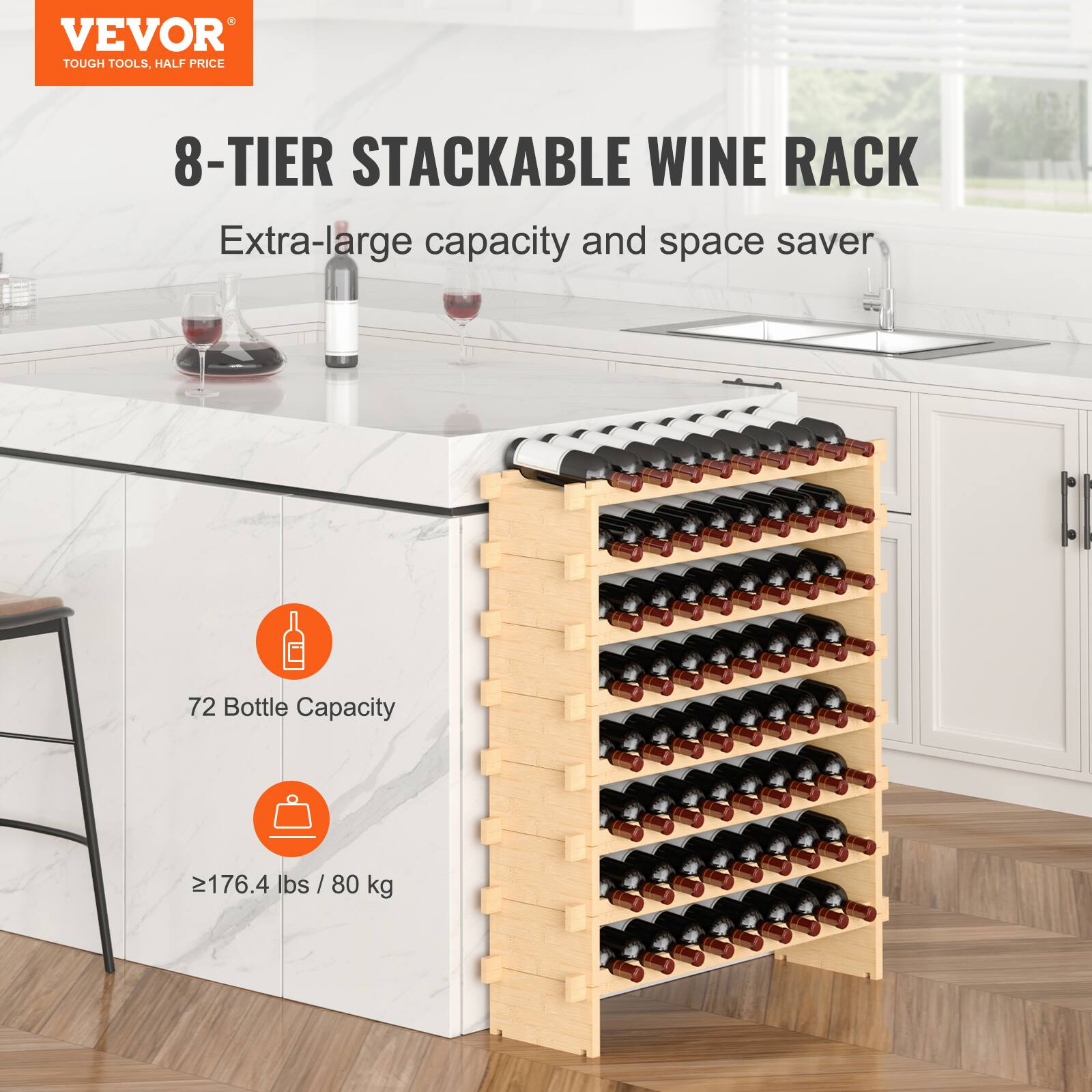 VEVOR  
TOUGH TOOLS, HALF PRICE  

8-TIER STACKABLE WINE RACK  
Extra-large capacity and space saver  

72 Bottle Capacity  
≥176.4 lbs / 80 kg