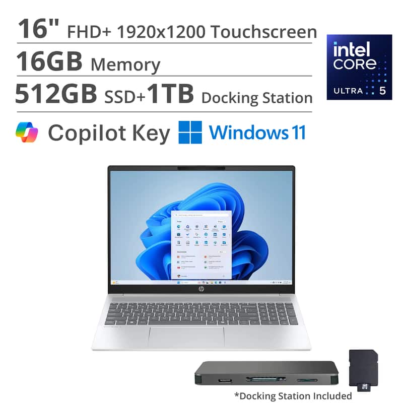 HP - OmniBook 5 16" WUXGA Touchscreen Laptop,Ultra 5 225U,16GB RAM,512GB SSD+1TB Dock Set,Fingerprint,Win11 Pro - Silver