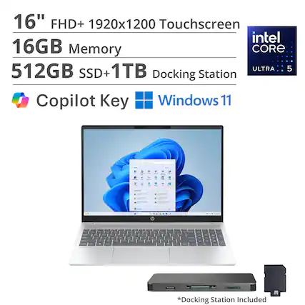 16" FHD+ 1920x1200 Touchscreen
16GB Memory
512GB SSD + 1TB
Intel Core Ultra 5
Copilot Key
Windows 11
Docking Station Included