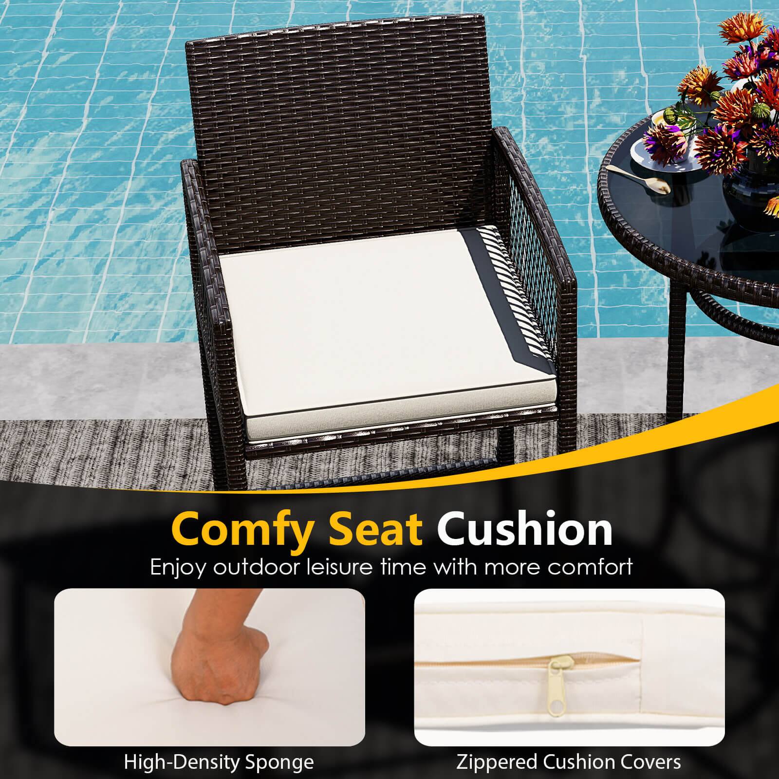 Comfy Seat Cushion  
Enjoy outdoor leisure time with more comfort  

High-Density Sponge  
Zippered Cushion Covers