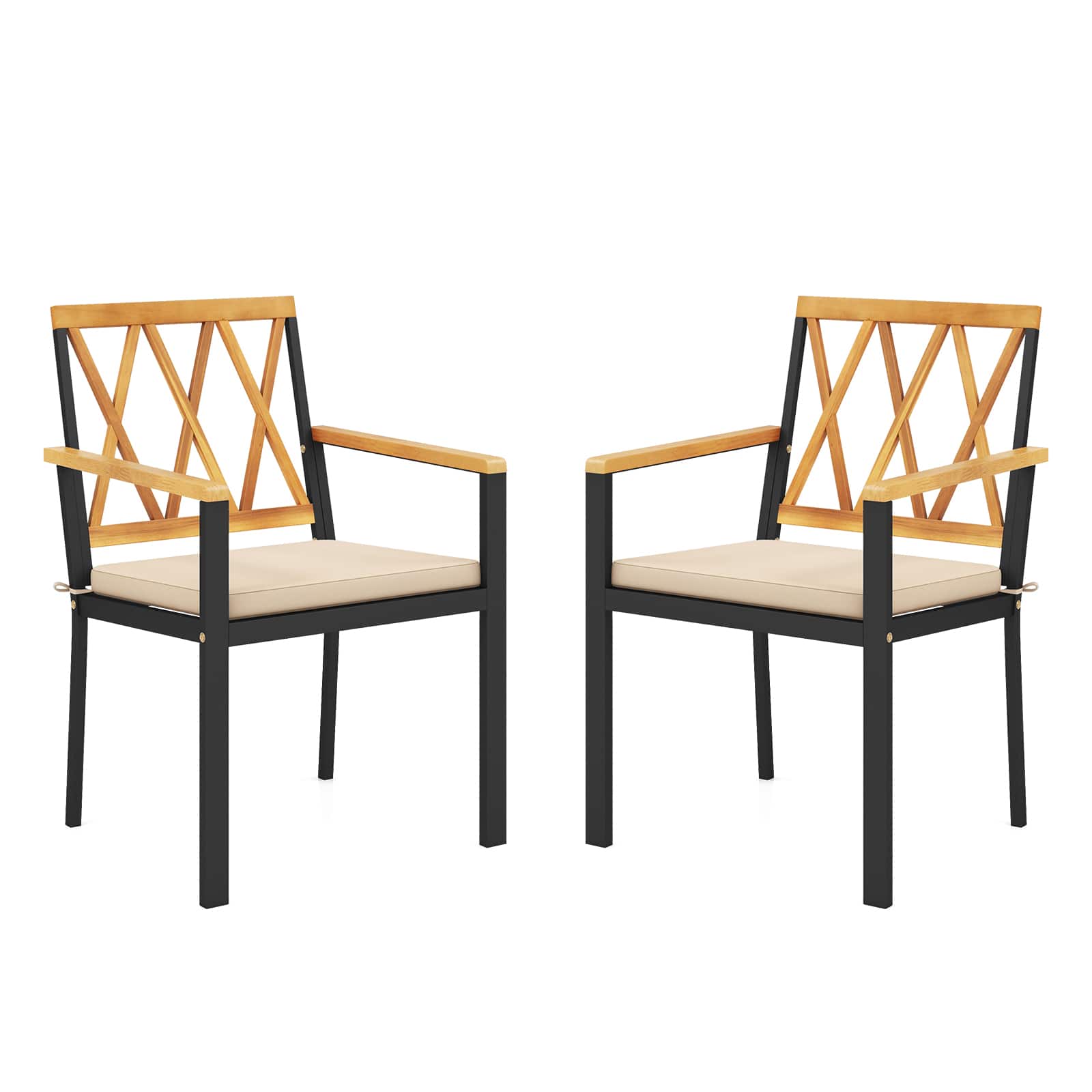 Gymax - Patio Dining Chairs Set of 2 Metal Outdoor Chairs w/ Removable Padded Cushions - Black, Natural