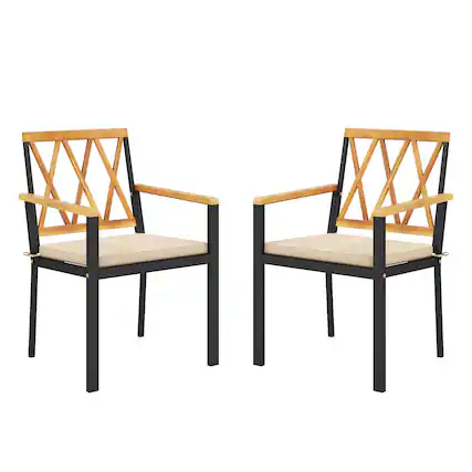 Front. Gymax - Gymax Patio Dining Chairs Set of 2 Metal Outdoor Chairs w/ Removable Padded Cushions - Black, Natural.