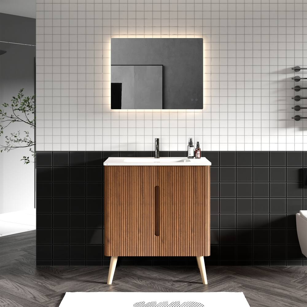 Front. Loheer - Loheer 30 inch freestanding bathroom vanity Striped Walnut with Ceramic Sink - White, Walnut.