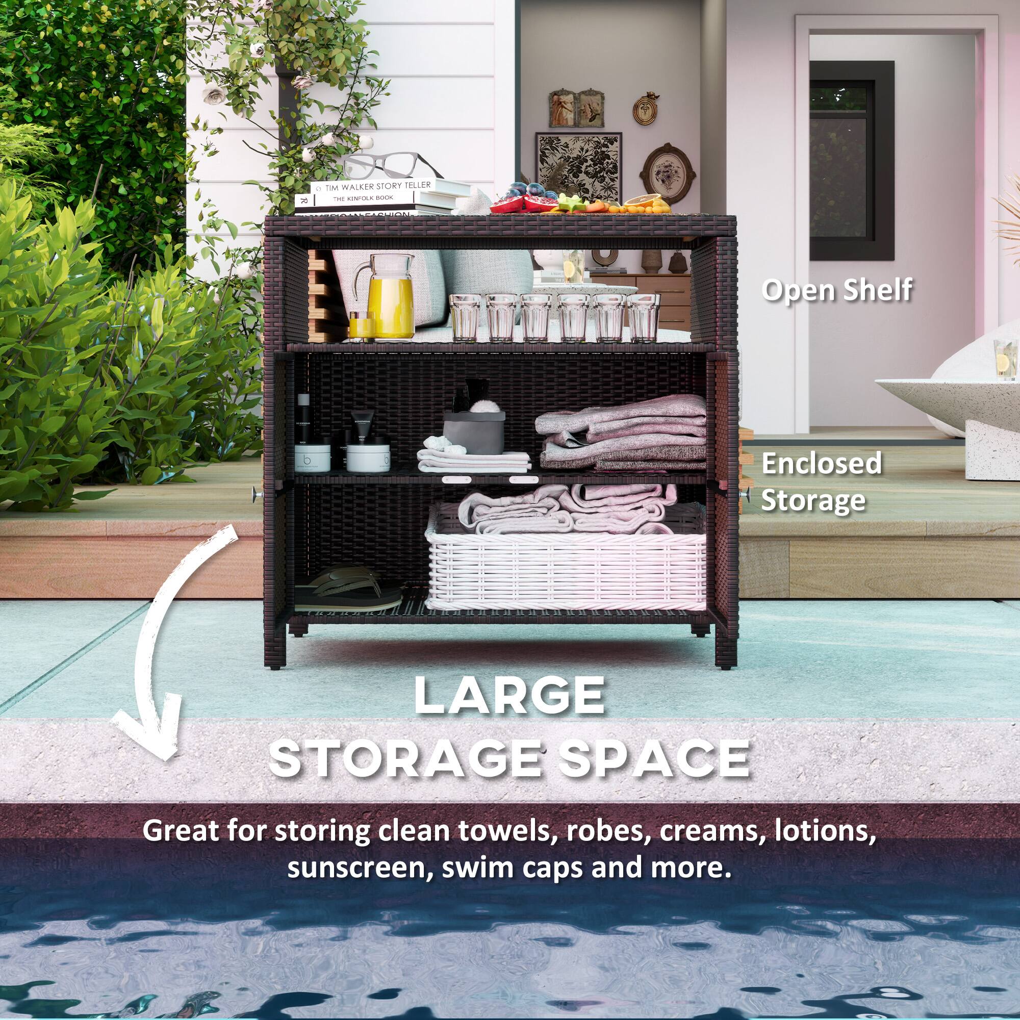 LARGE STORAGE SPACE - Open Shelf - Enclosed Storage - Great for storing clean towels, robes, creams, lotions, sunscreen, swim caps and more.