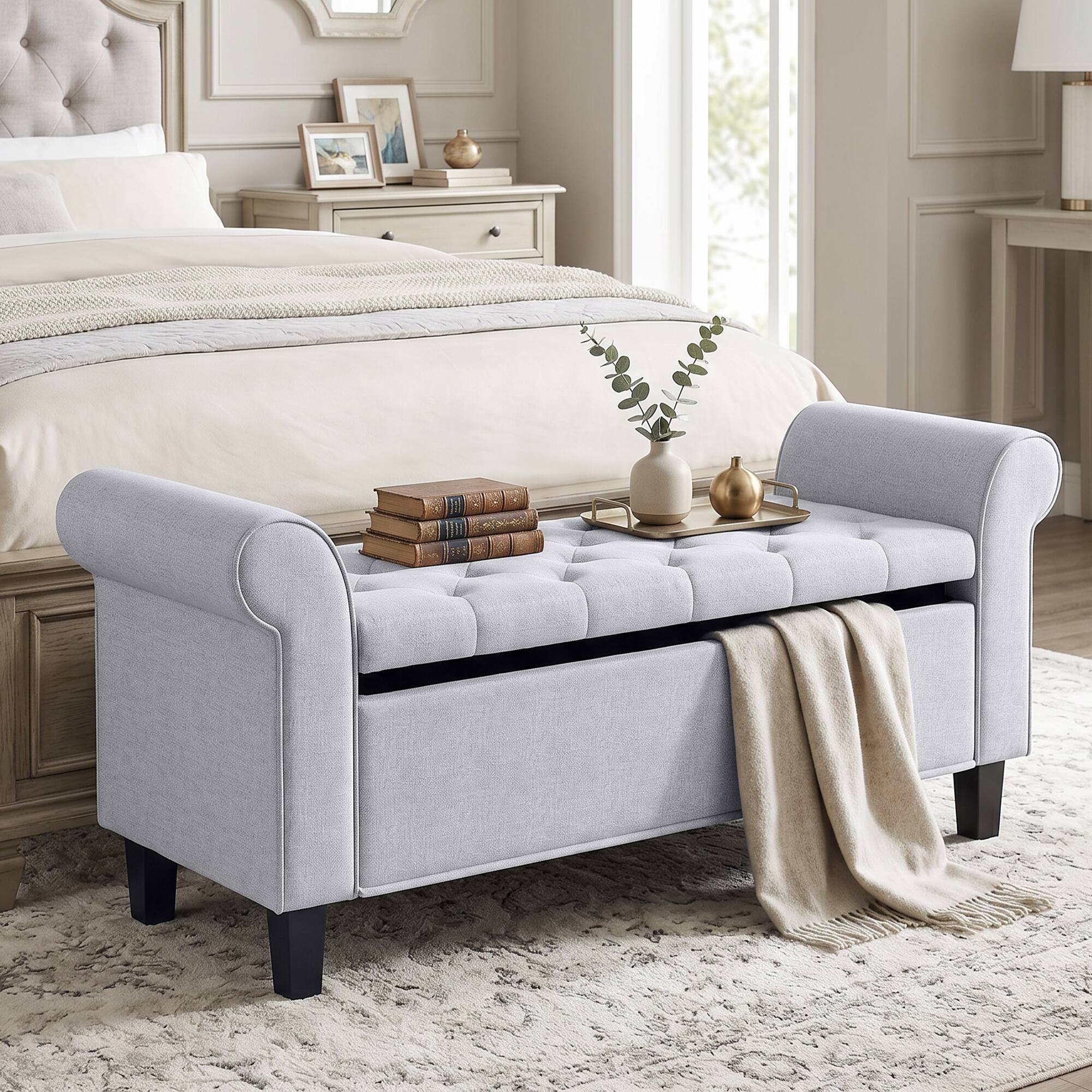 Alt View 1. Homcom - Storage Ottoman Bench, Tufted End of Bed Bench with Rolled Arms, Safety Hinge, Wood Legs for Bedroom - Light Gray.