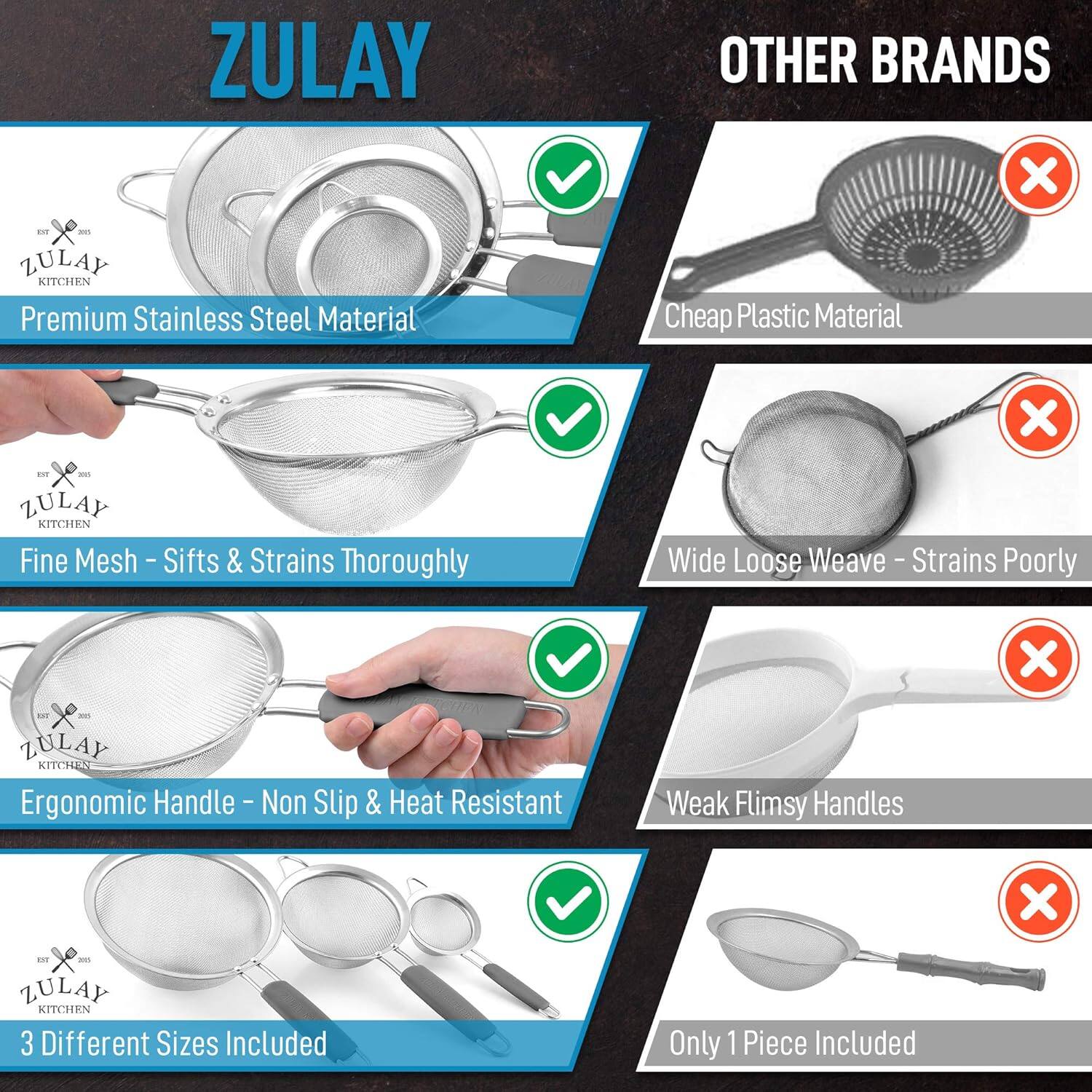 ZULAY  
ZULAY KITCHEN  
Premium Stainless Steel Material  
Fine Mesh - Sifts & Strains Thoroughly  
Ergonomic Handle - Non Slip & Heat Resistant  
3 Different Sizes Included  

OTHER BRANDS  
Cheap Plastic Material  
Wide Loose Weave - Strains Poorly  
Weak Flimsy Handles  
Only 1 Piece Included