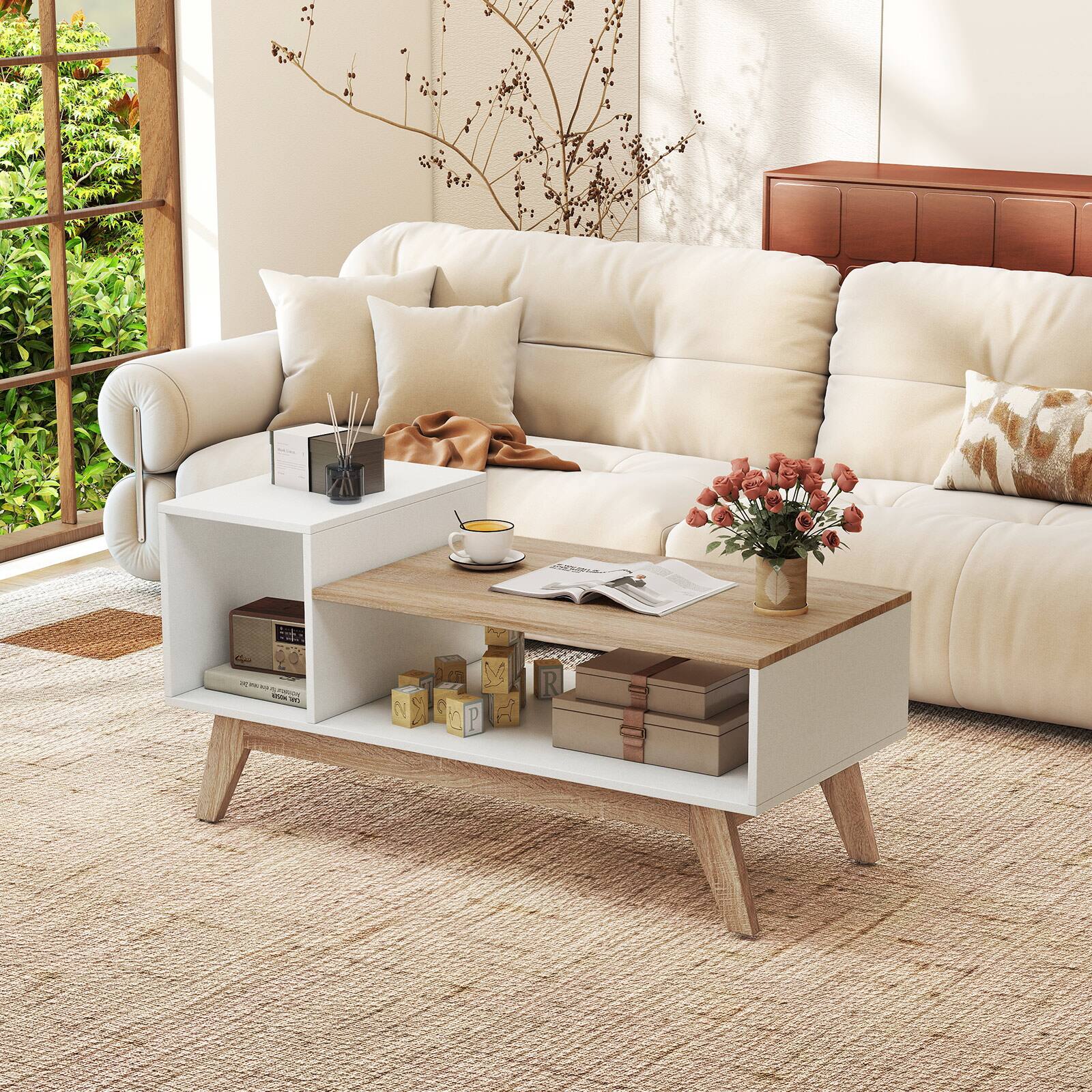 Alt View 3. Gymax - Gymax Coffee Table 43'' Center Table w/ Stepped Tabletop & Storage Compartments - White.