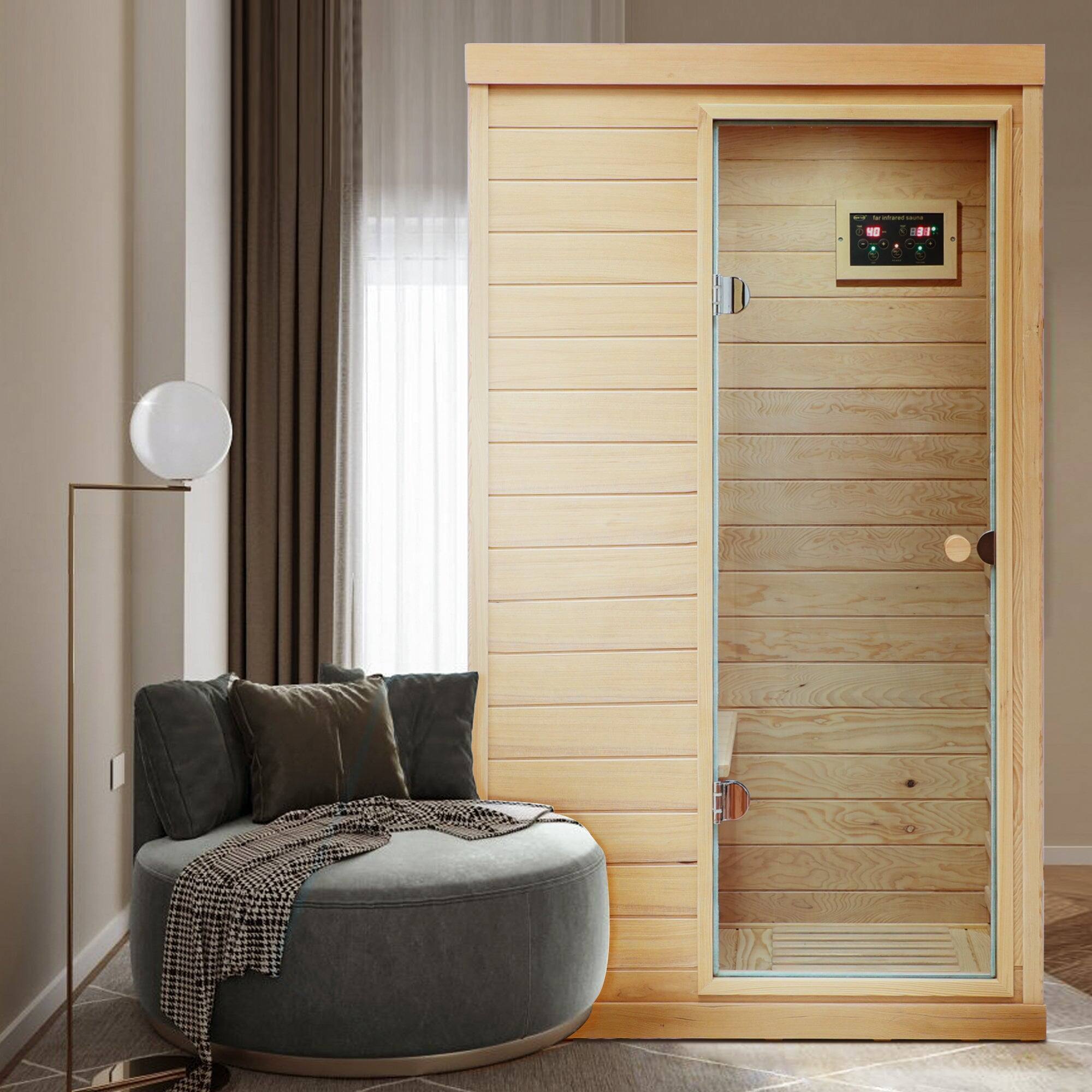Alt View 4. Boyel Living - One Person Indoor Hemlock Infrared Sauna Room with Right Side Glass Door - Natural.