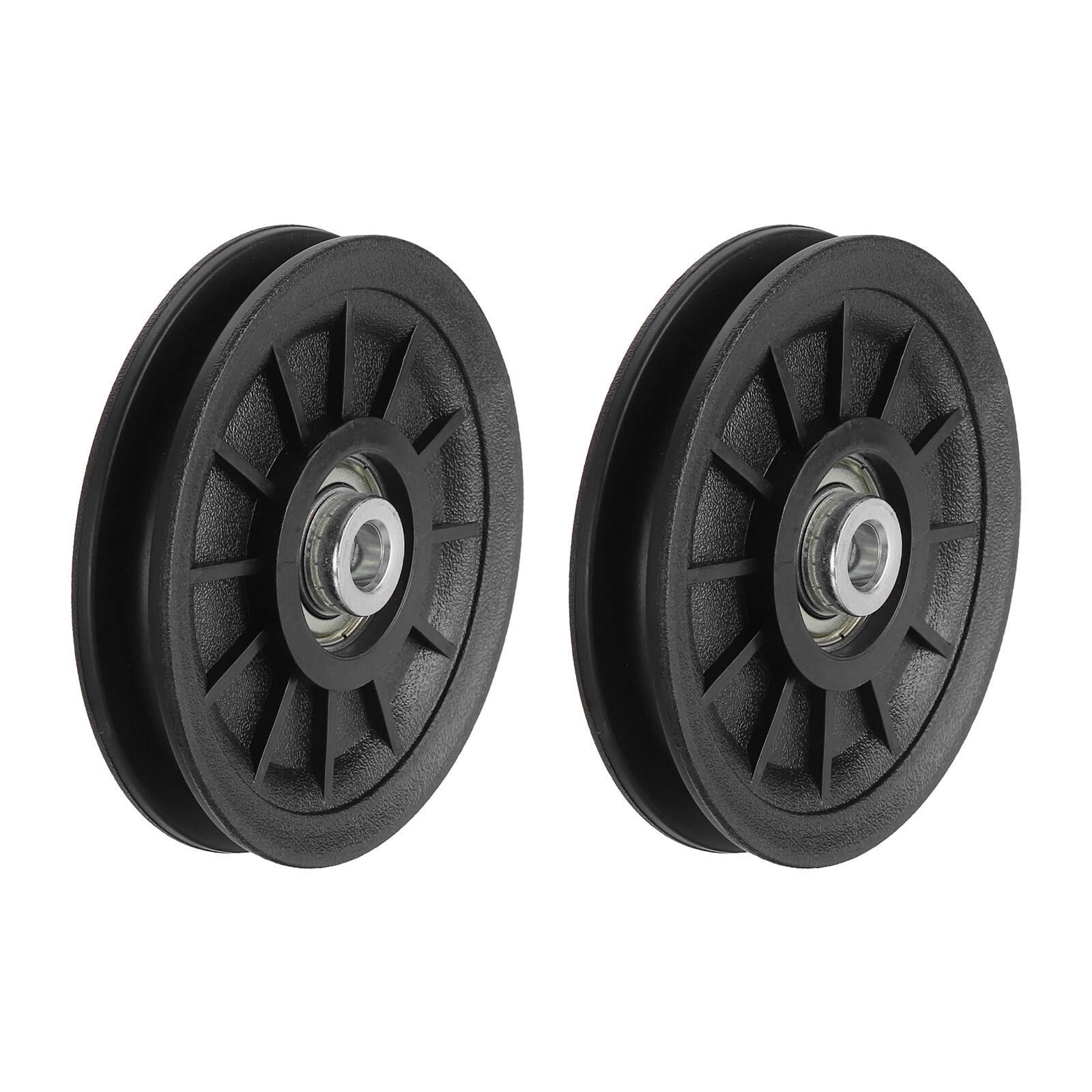 Front. Unique Bargains - 105mm/4.13" Nylon Bearing Gym Pulley Wheel, 2pcs & Steel Shaft, for Cable Machine/Garage Door/Home Exercise - Black.