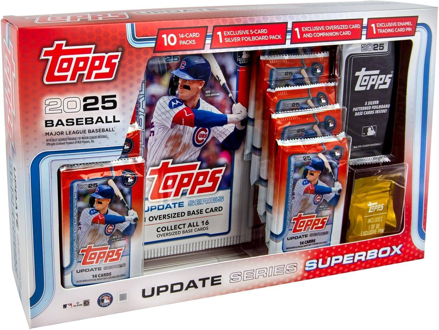 Topps 2025 Baseball  
Major League Baseball  
Officially Licensed Product of MLB Players, Inc.  

10 14-Card Packs  
1 Exclusive 5-Card Silver Foilboard Pack  
1 Exclusive Oversized Card and Companion Card  
1 Exclusive Enamel Trading Card Pin  

2025 Update Series  
Oversized Base Card  
Collect All 16 Oversized Base Cards  

Topps Superbox