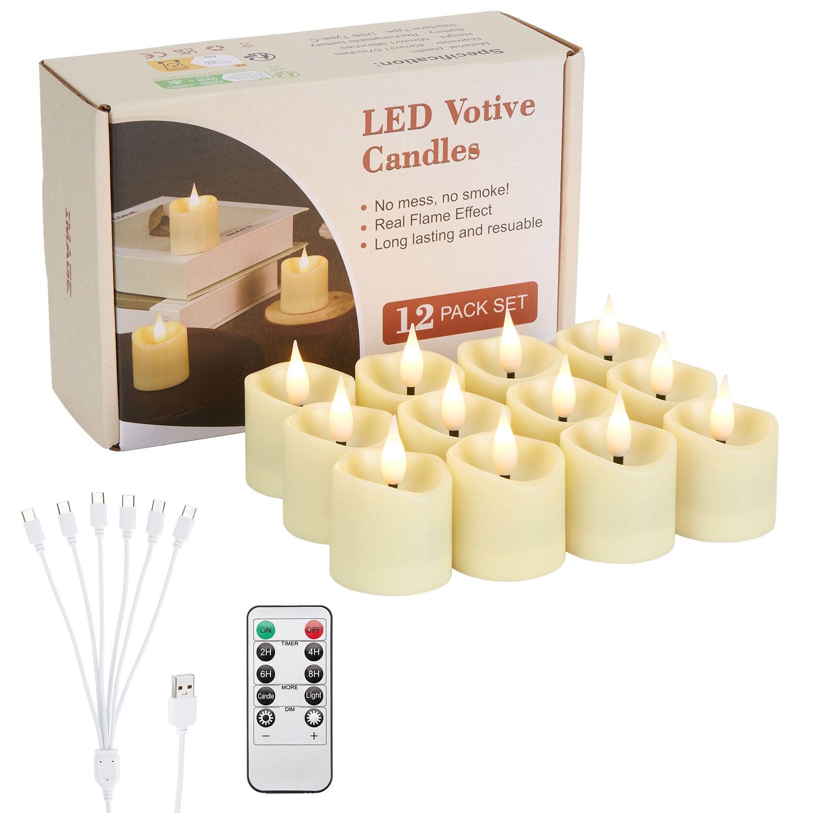 Type: Interface  
Battery Type: Rechargeable USB  
Height: 40mm/1.50 inches  
Diameter: 35mm/1.38 inches  
Material: ABS  
Specification: LED Votive Candles, no mess, no smoke! Real Flame Effect, Long lasting and reusable  
PACK SET: 12  
ON  
TIMER: 2H, 4H, 6H, 8H, MORE  
Candle Light  
CAM