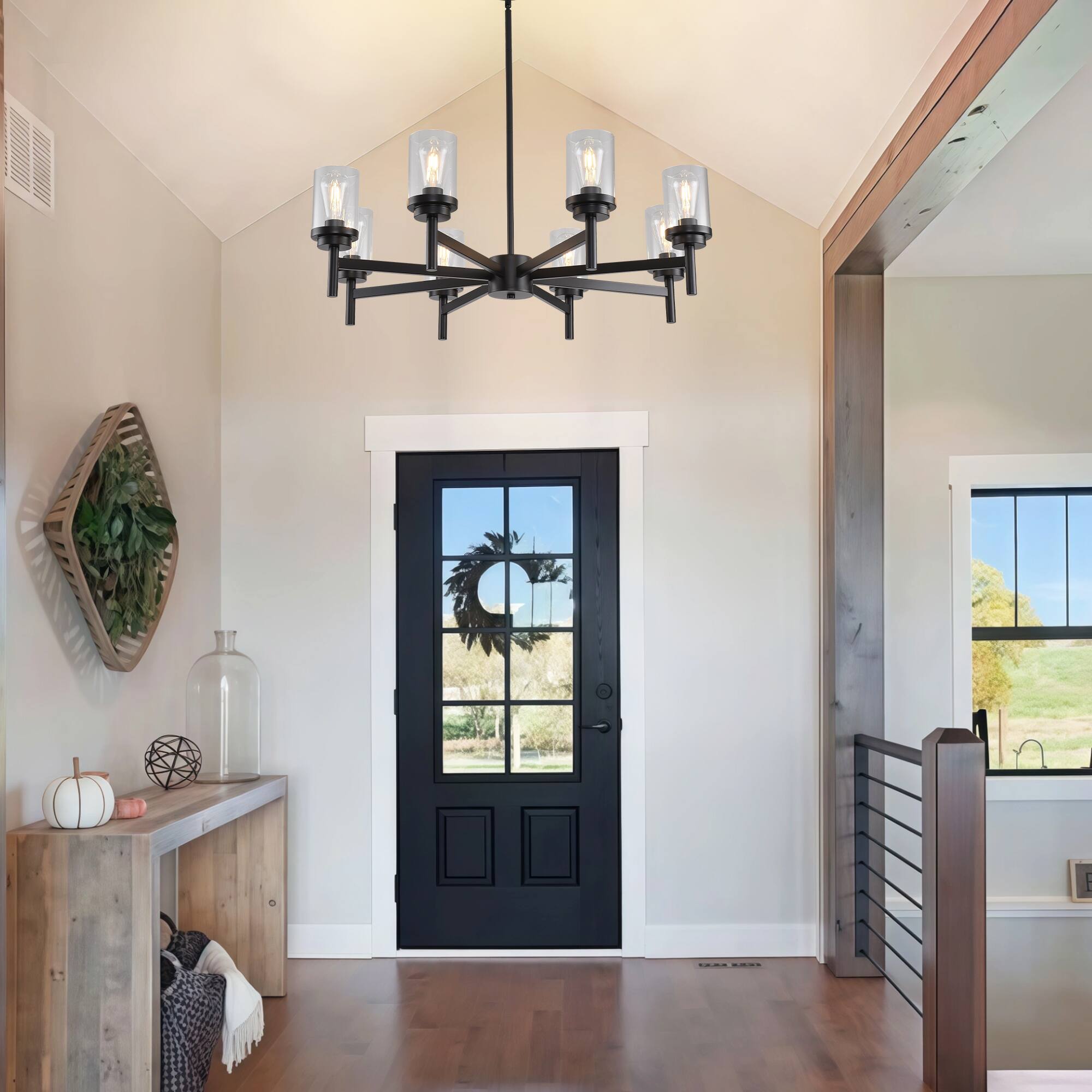 Alt View 2. RYHNUYNE - 8-Light Dining Room Light Fixtures Over Table,Black Farmhouse Glass Chandelier,Industrial Lighting for Living Room Foyer - Black.