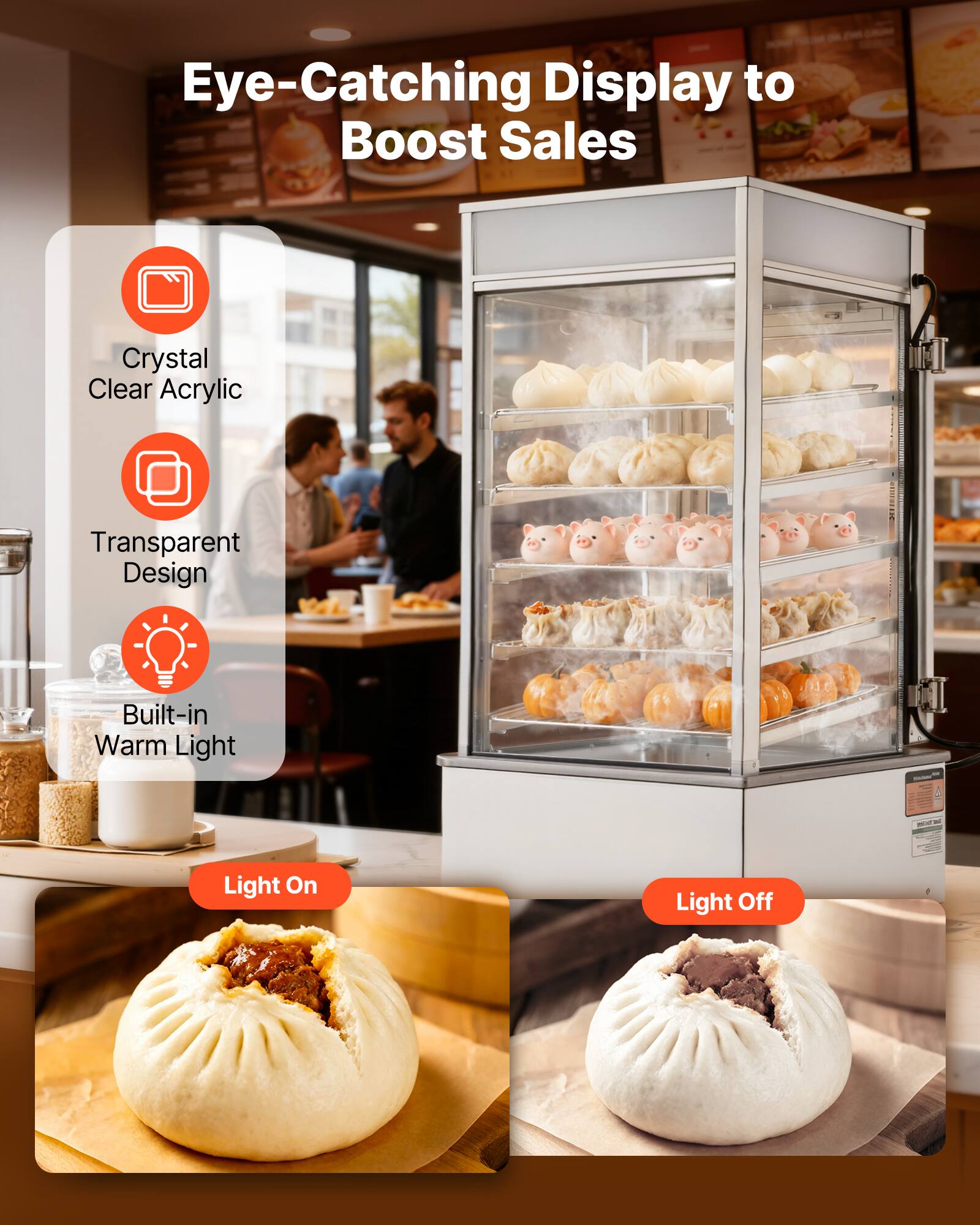 Eye-Catching Display to Boost Sales

Crystal Clear Acrylic

Transparent Design

Built-in Warm Light

---

Light On

Light Off