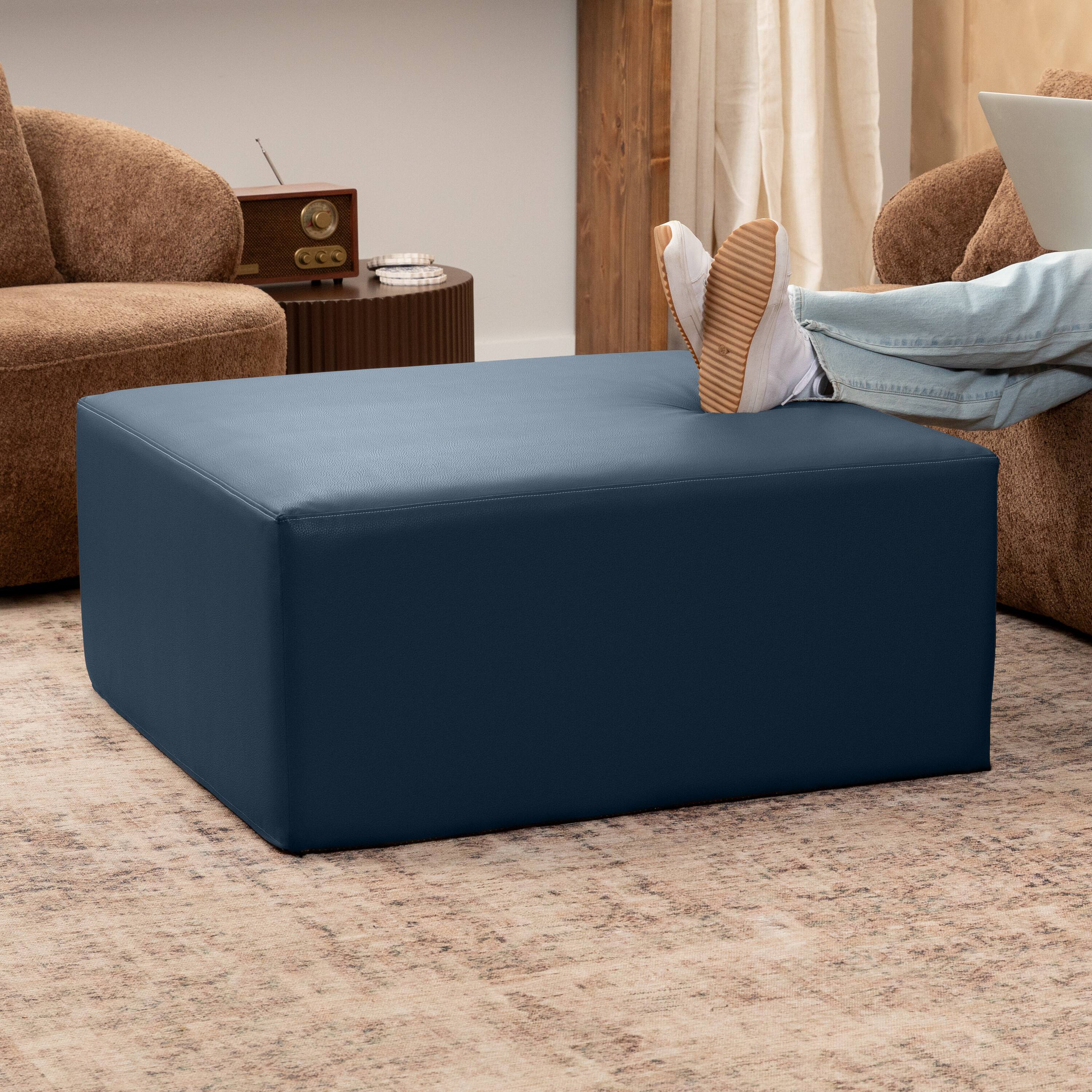 Angle. Jaxx - Jaxx Fairlie Couch Ottoman - Oversized Square Foam Coffee Table Ottoman, 36", Premium Faux Leather, Oxford Blue - Faux Leather Oxford Blue.