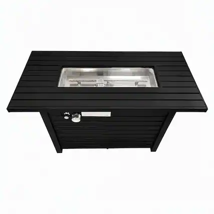 Front. RYHNUYNE - 42"W x 25" H Black Steel Outdoor Fire Pit Table with Lid, Rectangular Patio Firepit for Backyard & Deck - Black.