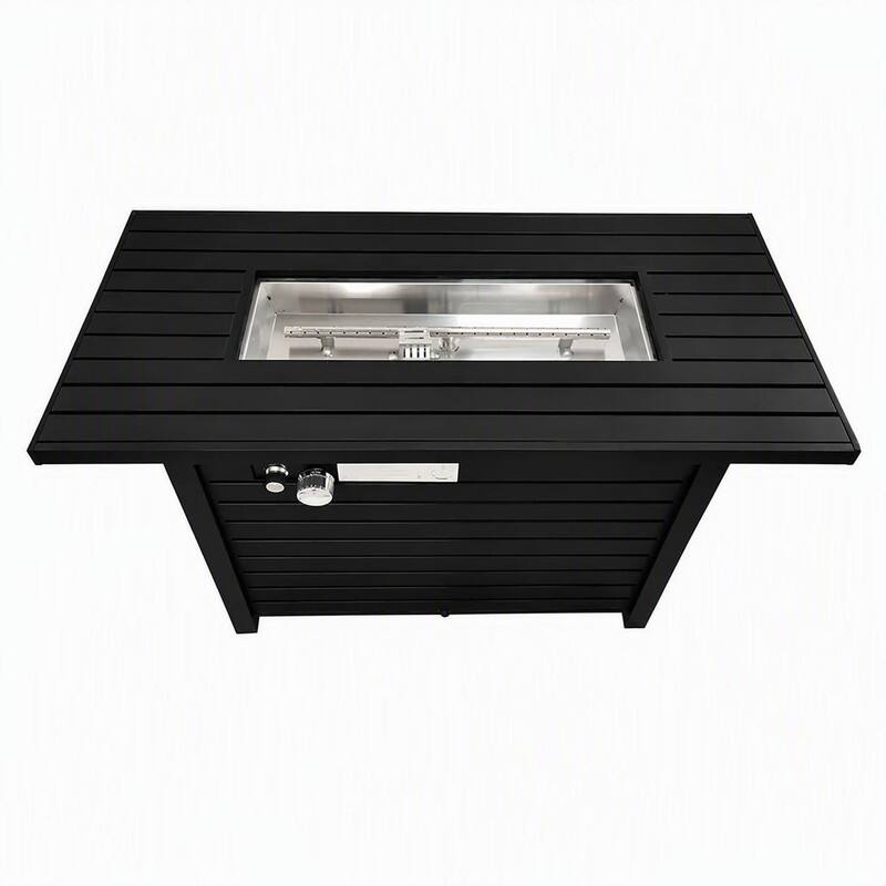 Front. RYHNUYNE - 42"W x 25" H Black Steel Outdoor Fire Pit Table with Lid, Rectangular Patio Firepit for Backyard & Deck - Black.