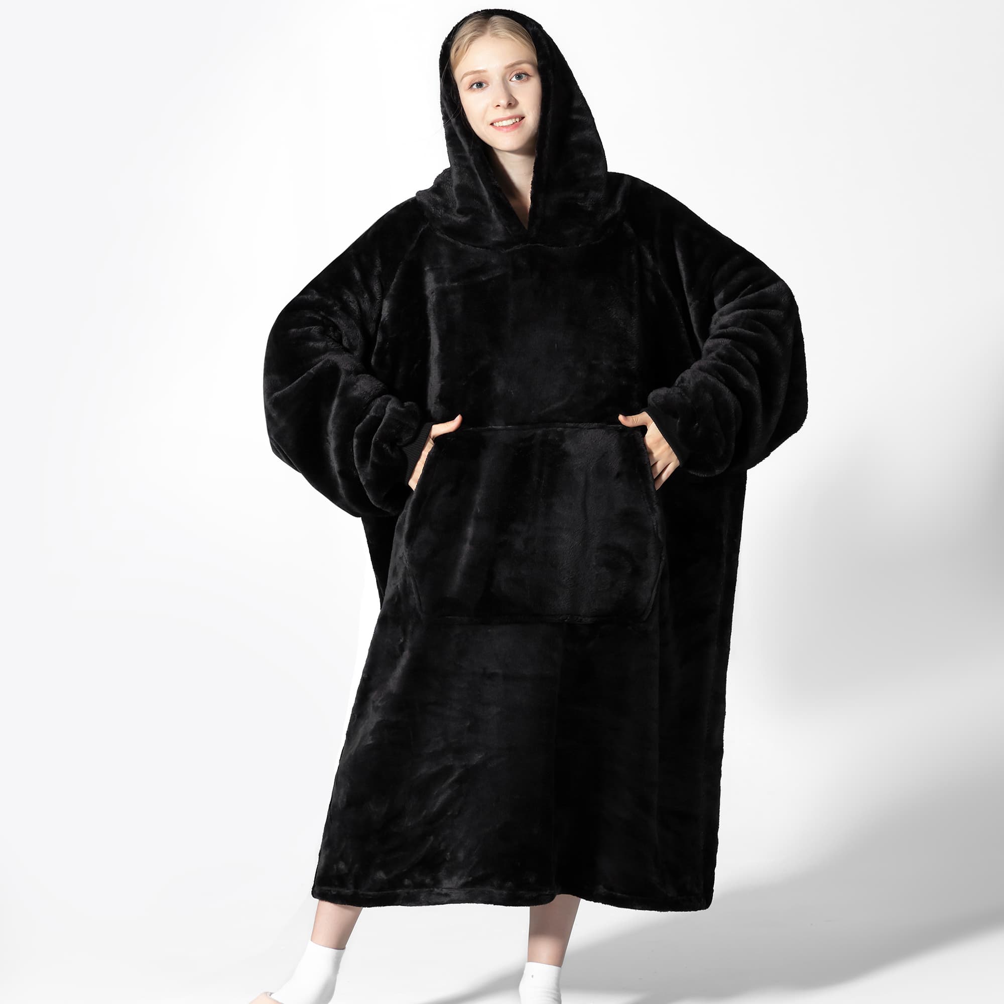 Front. Sweet Home Collection - Oversized Wearable Adult Blanket with Sleeves and Hood - Black.