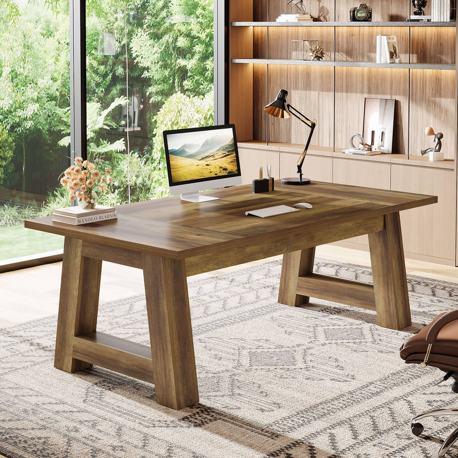 Tribesigns - Office Executive Desk with Engineered Wood Construction, Square Top, for Computer Work and Writing in Home Offices - Brown