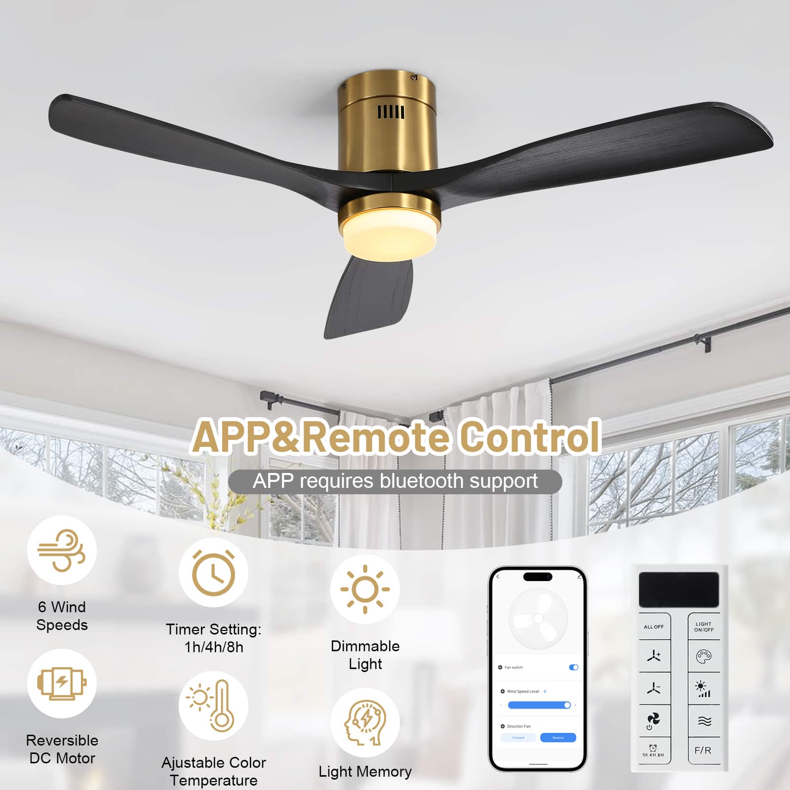 Sofucor - 52 Inch Flush Mount Solid Wood Ceiling Fans with Alexa/Google Assistant/APP/Remote Control for Bedroom/Farmhouse/Patio - Gold - Black