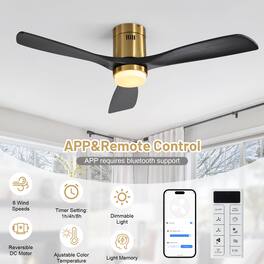 Sofucor - 52 Inch Flush Mount Solid Wood Ceiling Fans with Alexa/Google Assistant/APP/Remote Control for Bedroom/Farmhouse/Patio - Gold - Black