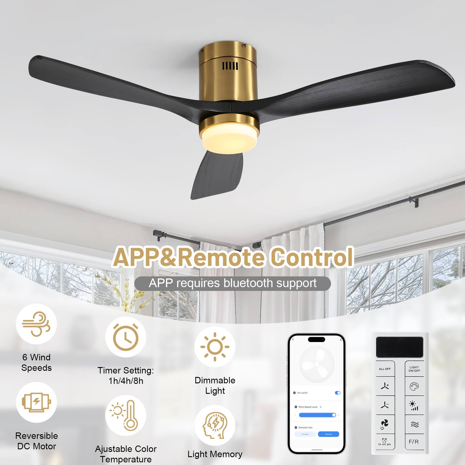 APP & Remote Control  
APP requires bluetooth support  

- 6 Wind Speeds  
- Timer Setting: 1h/4h/8h  
- Dimmable Light  
- Reversible DC Motor  
- Adjustable Color Temperature  
- Light Memory  

F/R