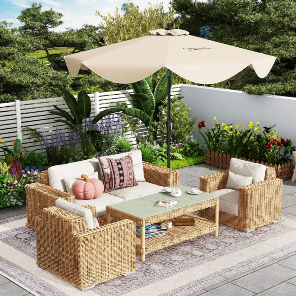 Mondawe - 9 FT Patio Umbrella with Crank Handle and Push Button Tilt - Beige