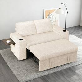 Vipbear - 65.5" Chenille Sofa Adjustable Backrest with Hidden Storage Box, Side Storage Bag USB Charging Side Table &Cup Holder - Beige