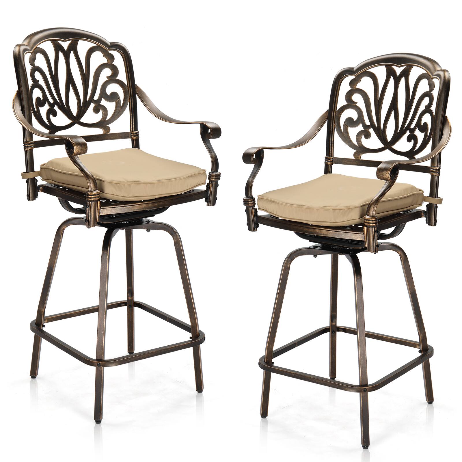 Front. SlickBlue - Outdoor Aluminum Bar Stools with 360° Swivel, Weatherproof Design, Set of 2 for Patio, Deck, or Poolside - Bronze.