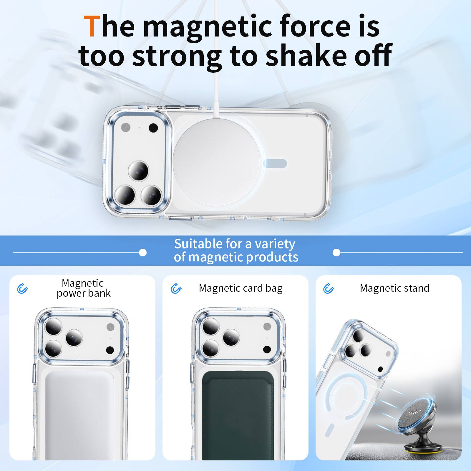 The magnetic force is too strong to shake off  
Suitable for a variety of magnetic products  
Magnetic power bank  
Magnetic card bag  
Magnetic stand