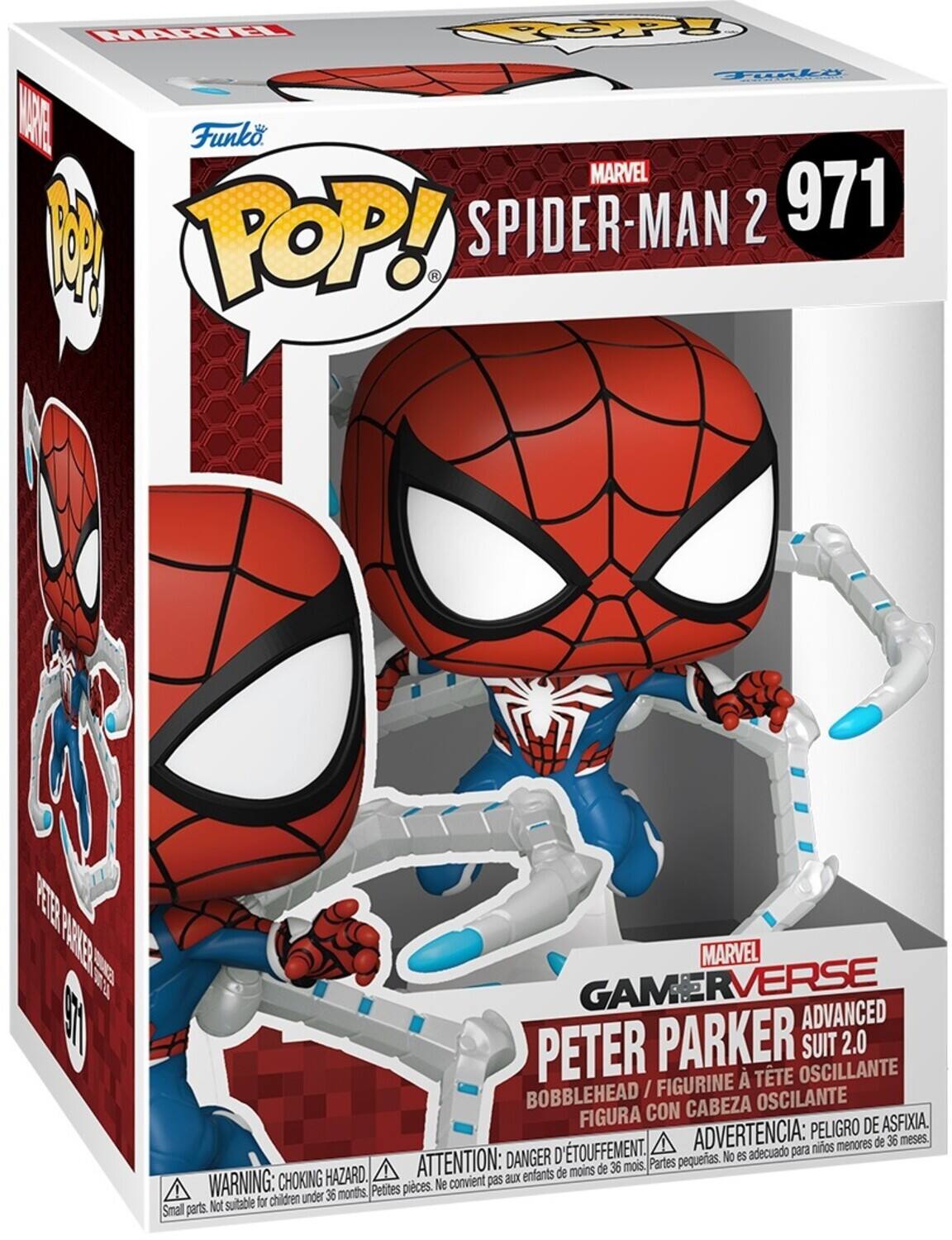 MhF COPy Tunle RE Funko  MARVEL SPIDER-MAN 2 971 M POP! R F HATE 1 1E MARVEL GAMERVERSE ADVANCED PETER PARKER OSCILANTE SUIT 2.0 / FIGURINE  TTE BOBBLEHEAD CABEZA OSCILANTE FIGURA CON ASFIXIA. ADVERTENCIA: PELIGRO DE menores de 36 meses. TOUFFEMENT. adecuado para nios ATTENTION: DANGER D Partes pequeras. No es de moins de 36 mois, CHOKING HAZARD. WARNING: under 36 months. Petites pieces. Ne Not suitable for children Small parts.